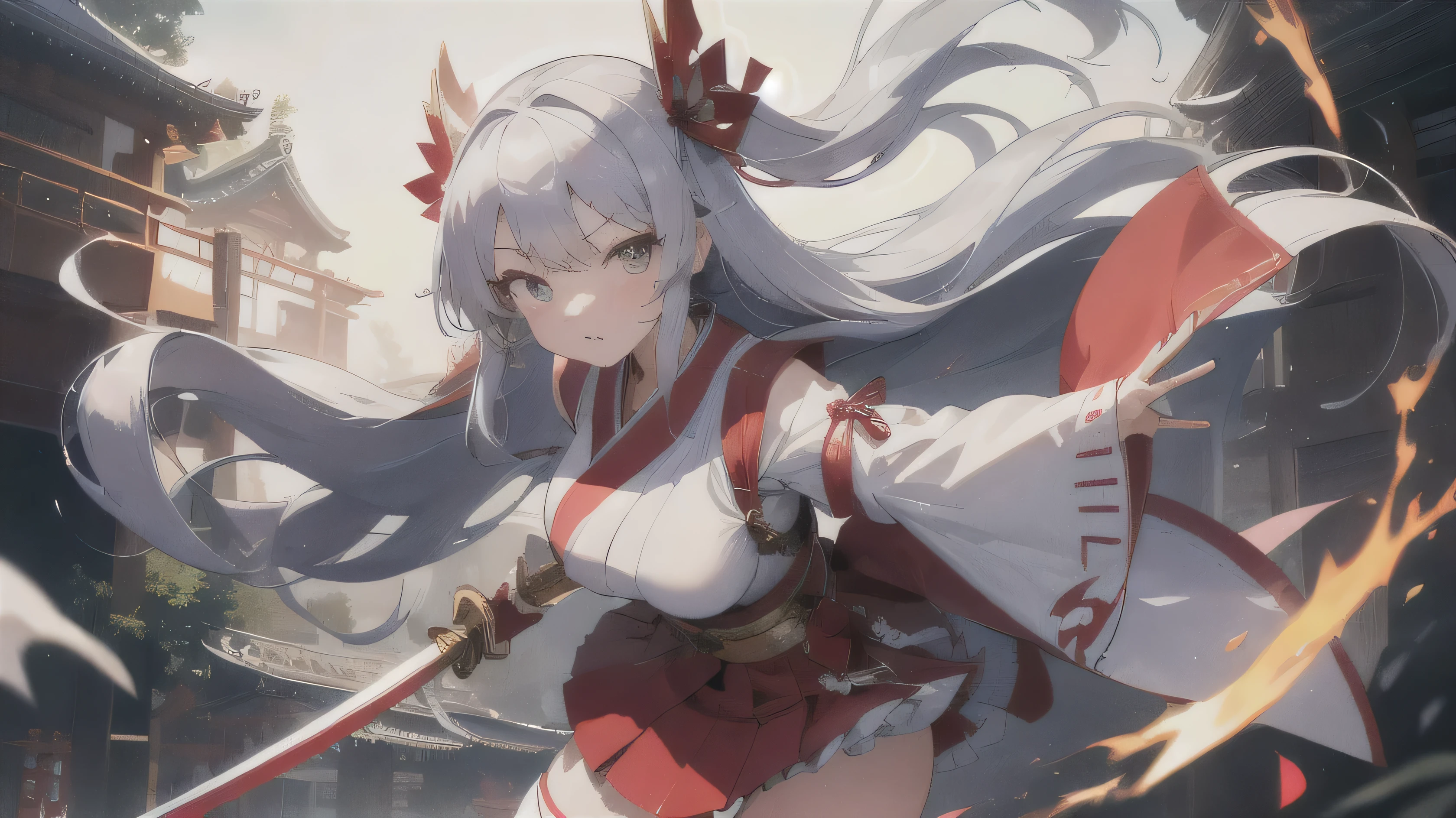 lily、gray hair、Fox、warrior、shrine、long hair、small breasts、highest quality、He has a sword at his waist.、woman