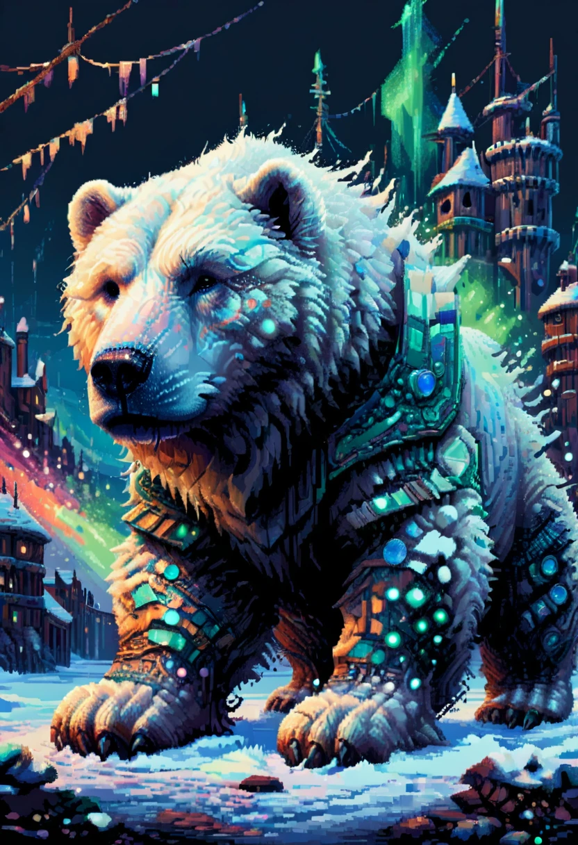 16-bit pixel art, promotional poster, promotional art for "The Golden Compass," 16bit video game art, for a game based on renowned novel "The Golden Compass" by Philip Pullman, BREAK: (it features ((a blonde girl in arctic weather gear)) , a white ermine, a frozen dead fish, a massive polar bear (wearing plate armor), there are sled-dog teams running in snow, there are groups of ren, experimental facilities fade into the background, BREAK: above everything is the northern lights, northern lights in 16-bit rendering, and in the lights is the outline of a cityscape, BREAK: apxlz, ral-pxlprtcl 