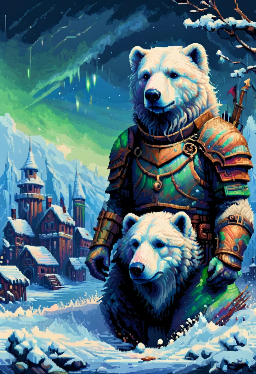 16-bit pixel art, promotional poster, promotional art for "The Golden Compass," 16bit video game art, for a game based on renowned novel "The Golden Compass" by Philip Pullman, BREAK: it features a blonde girl in arctic weather gear, a white ermine, a frozen dead fish, a massive polar bear (wearing plate armour), there are sled-dog teams running in snow, there are groups of ren, experimental facilities fade into the background, BREAK: above everything is the northern lights, northern lights in 16-bit rendering, and in the lights is the outline of a cityscape, BREAK: apxlz, ral-pxlprtcl 