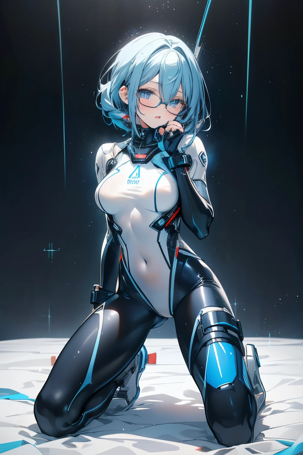 (masterpiece, best quality,Super detailed),(random angle,1girl,A cool and blushing female cyborg in her late twenties with short, metallic blue hair, glowing green cybernetic eyes, and a shy smile. She wears a sleek silver bodysuit with integrated tech armor, augmented gloves, and high-tech boots. She is standing in a beautiful futuristic park with floating flowers and shimmering streams,