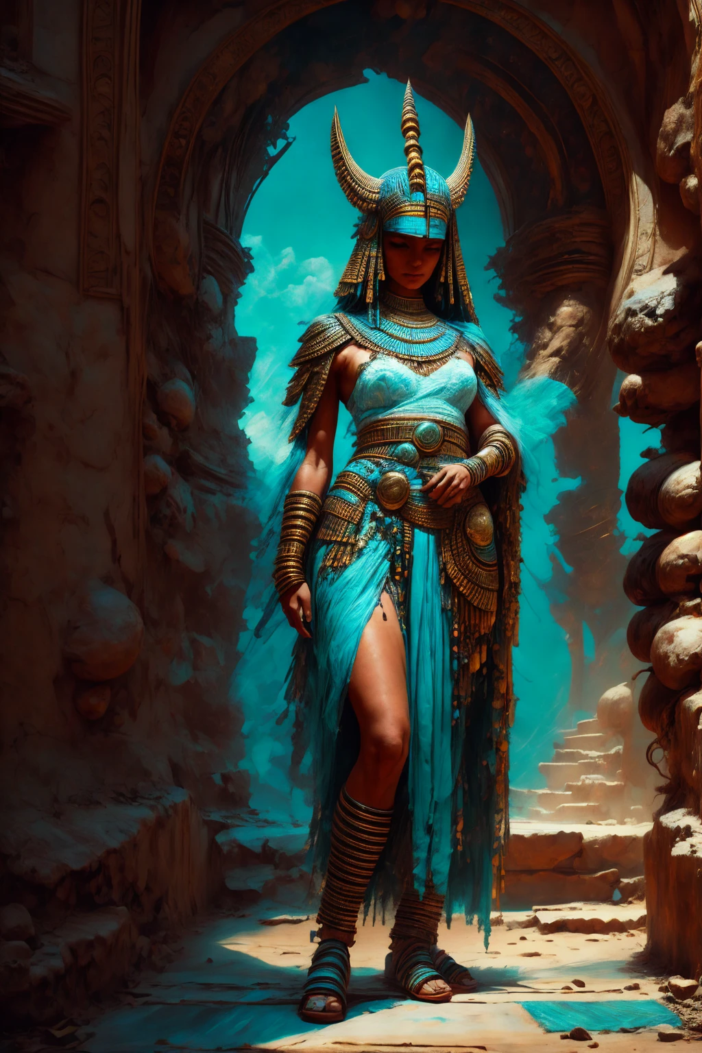 Tia is shown to have a fairly slender figure. She has white-grey hair , she has short hair and large pale green eyes,  An Pharaonic-styled futuristic suit worn by a girl depicting cultural fusion and modern fashion. The suit is adorned with intricate patterns and vibrant colors, showcasing the rich heritage of Egypt. The girl stands confidently in a dynamic pose, with her detailed eyes reflecting determination and curiosity. The suit's material is a combination of traditional textiles and futuristic synthetic fabrics, giving it a unique and avant-garde appearance. The overall image quality is of the highest standard, with sharp focus and ultra-detailed rendering. The artwork employs physically-based rendering techniques, resulting in realistic lighting and shadows. The colors are vivid and vibrant, capturing the essence of Pharaonic cultural aesthetics. The background features a fusion of modern architecture and traditional elements, creating a harmonious blend of the past and the future. The prompt explores the intersection of Pharaonic culture, futuristic design, and the artistic representation of a confident girl., cleavage exposed, medium breasts, superior quality, many details, Puri focus  Sharp and realistic