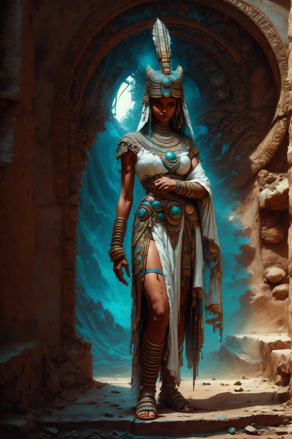 Tia is shown to have a fairly slender figure. She has white-grey hair , she has short hair and large pale green eyes,  An Pharaonic-styled futuristic suit worn by a girl depicting cultural fusion and modern fashion. The suit is adorned with intricate patterns and vibrant colors, showcasing the rich heritage of Egypt. The girl stands confidently in a dynamic pose, with her detailed eyes reflecting determination and curiosity. The suit's material is a combination of traditional textiles and futuristic synthetic fabrics, giving it a unique and avant-garde appearance. The overall image quality is of the highest standard, with sharp focus and ultra-detailed rendering. The artwork employs physically-based rendering techniques, resulting in realistic lighting and shadows. The colors are vivid and vibrant, capturing the essence of Pharaonic cultural aesthetics. The background features a fusion of modern architecture and traditional elements, creating a harmonious blend of the past and the future. The prompt explores the intersection of Pharaonic culture, futuristic design, and the artistic representation of a confident girl., cleavage exposed, medium breasts, superior quality, many details, Puri focus  Sharp and realistic