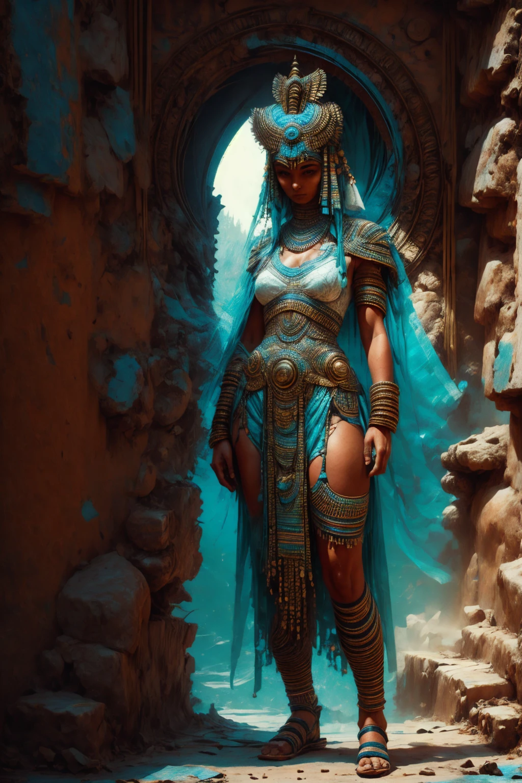 Tia is shown to have a fairly slender figure. She has white-grey hair , she has short hair and large pale green eyes,  An Pharaonic-styled futuristic suit worn by a girl depicting cultural fusion and modern fashion. The suit is adorned with intricate patterns and vibrant colors, showcasing the rich heritage of Egypt. The girl stands confidently in a dynamic pose, with her detailed eyes reflecting determination and curiosity. The suit's material is a combination of traditional textiles and futuristic synthetic fabrics, giving it a unique and avant-garde appearance. The overall image quality is of the highest standard, with sharp focus and ultra-detailed rendering. The artwork employs physically-based rendering techniques, resulting in realistic lighting and shadows. The colors are vivid and vibrant, capturing the essence of Pharaonic cultural aesthetics. The background features a fusion of modern architecture and traditional elements, creating a harmonious blend of the past and the future. The prompt explores the intersection of Pharaonic culture, futuristic design, and the artistic representation of a confident girl., cleavage exposed, medium breasts, superior quality, many details, Puri focus  Sharp and realistic