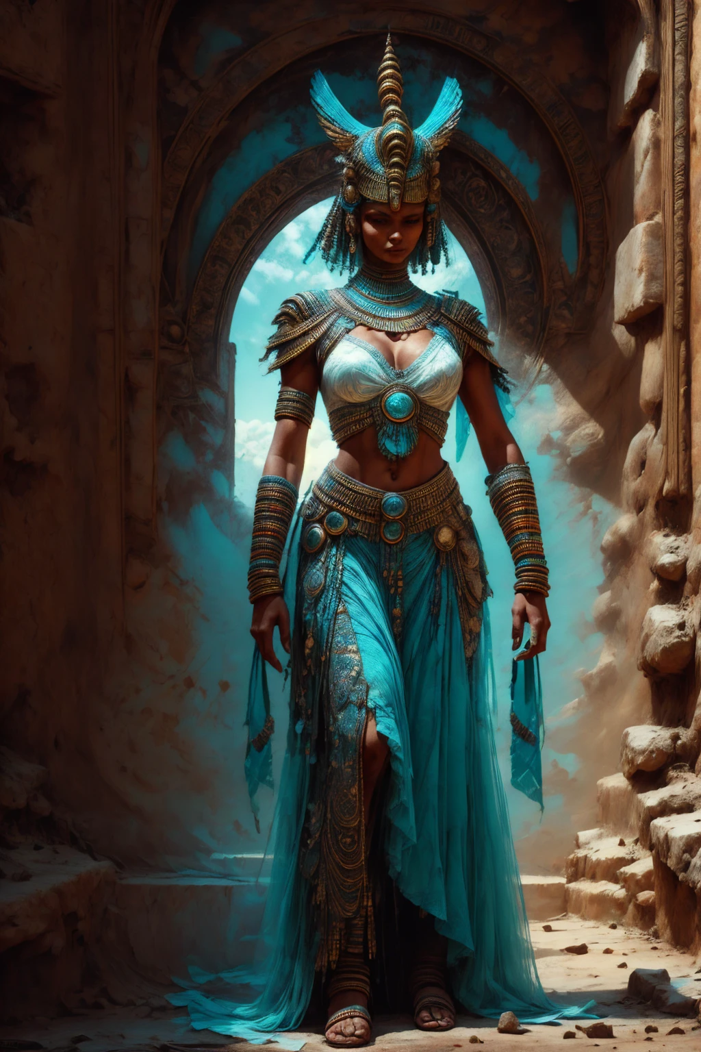 Tia is shown to have a fairly slender figure. She has white-grey hair , she has short hair and large pale green eyes,  An Pharaonic-styled futuristic suit worn by a girl depicting cultural fusion and modern fashion. The suit is adorned with intricate patterns and vibrant colors, showcasing the rich heritage of Egypt. The girl stands confidently in a dynamic pose, with her detailed eyes reflecting determination and curiosity. The suit's material is a combination of traditional textiles and futuristic synthetic fabrics, giving it a unique and avant-garde appearance. The overall image quality is of the highest standard, with sharp focus and ultra-detailed rendering. The artwork employs physically-based rendering techniques, resulting in realistic lighting and shadows. The colors are vivid and vibrant, capturing the essence of Pharaonic cultural aesthetics. The background features a fusion of modern architecture and traditional elements, creating a harmonious blend of the past and the future. The prompt explores the intersection of Pharaonic culture, futuristic design, and the artistic representation of a confident girl., cleavage exposed, medium breasts, superior quality, many details, Puri focus  Sharp and realistic