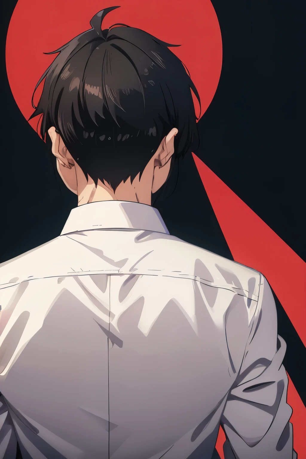 Anime boy with black hair, wearing white shirt red tie, button open, anime Vibe, flat shading, back head