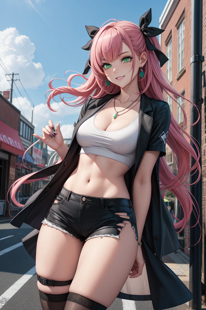 (date:20241020,creator:JouliosJack) Nicole begins, Nicole begins, (Green Eyes:1.5), Pink Hair, hair ornaments, hair ribbon, Hair Clip, Long Hair, Mole, Mole on breast, Mole on thigh, Mole under eye, Both sides up, ribbon, Grin, 
break, Black footwear, black ribbon, black Shorts, black socks, black Knee socks, boots, Cleavage, Crop top, Earrings, jewelry, Knee-length, Manicure, necklace, O-ring, short Shorts, Shorts, Single Knee-length, One-legged socks, Single knee socks, socks, Thigh straps, Knee socks, Torn clothes showing nipples, Both sides up, 

break, Outdoor, city, , cloud, sun, building, crowd, people々, alley, 

break, View your viewers, (Cowboy Shot:1.5), 

break, (masterpiece:1.2), Highest quality, High resolution, unity 8k wallpaper, (shape:0.8), Low length, high school student, face, Mature Body, 

break, small, small, , Kindergarteners, kindergarten s, small, Touching Nicole&#39;s breasts, Touching Nicole&#39;s breasts, Touching Nicole&#39;s breasts, Explore, Molesting, sexual behavior