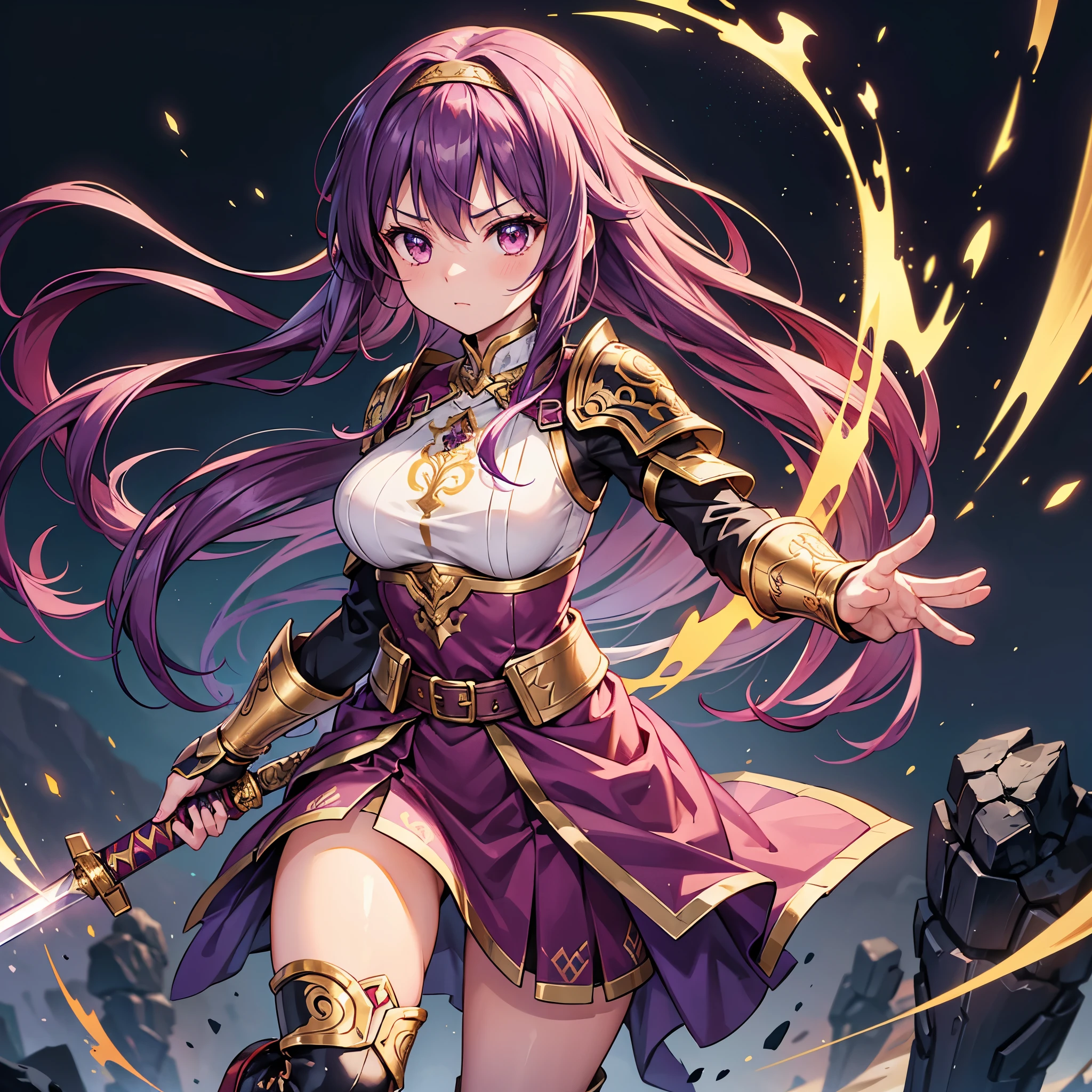 A high-quality digital illustration of a female character inspired by Yuuki from "Sword Art Online." The character has long, flowing dark purple hair, with a headband featuring a red jewel and gold accents. Her outfit consists of a distinct purple and red tunic with gold embroidery, designed in a medieval fantasy style. The tunic is paired with armored gauntlets and boots, featuring intricate details of silver armor at the wrists and ankles. She wears a black sash around her waist with silver armor accents, and her outfit is further adorned with golden symbols at the bottom of her tunic.

Her expression is energetic and determined, with her large, bright eyes showing both confidence and warmth. Her stance is dynamic and strong, standing tall with her feet slightly apart as if ready for battle. Her overall appearance exudes a sense of bravery and skill as a swordfighter.

The background is simple or blank, emphasizing the character and her detailed warrior outfit. The overall scene captures the essence of Yuuki's strength, agility, and kind-hearted nature, with vibrant colors and precise details that highlight her iconic appearance.

