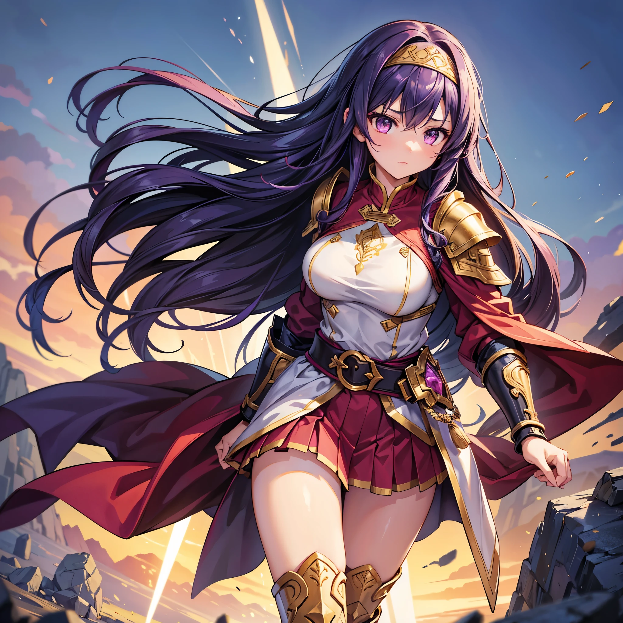 A high-quality digital illustration of a female character inspired by Yuuki from "Sword Art Online." The character has long, flowing dark purple hair, with a headband featuring a red jewel and gold accents. Her outfit consists of a distinct purple and red tunic with gold embroidery, designed in a medieval fantasy style. The tunic is paired with armored gauntlets and boots, featuring intricate details of silver armor at the wrists and ankles. She wears a black sash around her waist with silver armor accents, and her outfit is further adorned with golden symbols at the bottom of her tunic.

Her expression is energetic and determined, with her large, bright eyes showing both confidence and warmth. Her stance is dynamic and strong, standing tall with her feet slightly apart as if ready for battle. Her overall appearance exudes a sense of bravery and skill as a swordfighter.

The background is simple or blank, emphasizing the character and her detailed warrior outfit. The overall scene captures the essence of Yuuki's strength, agility, and kind-hearted nature, with vibrant colors and precise details that highlight her iconic appearance.

