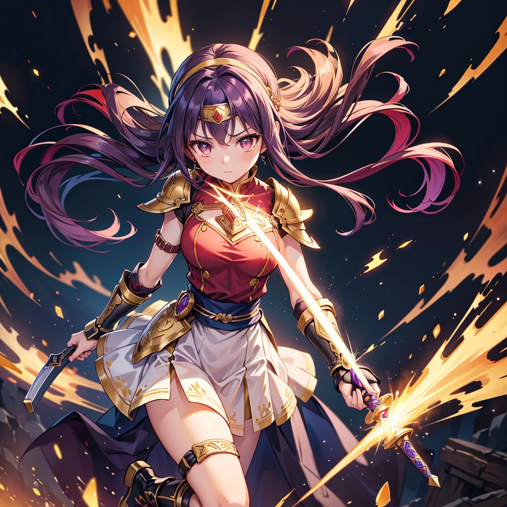 A high-quality digital illustration of a female character inspired by Yuuki from "Sword Art Online." The character has long, flowing dark purple hair, with a headband featuring a red jewel and gold accents. Her outfit consists of a distinct purple and red tunic with gold embroidery, designed in a medieval fantasy style. The tunic is paired with armored gauntlets and boots, featuring intricate details of silver armor at the wrists and ankles. She wears a black sash around her waist with silver armor accents, and her outfit is further adorned with golden symbols at the bottom of her tunic.

Her expression is energetic and determined, with her large, bright eyes showing both confidence and warmth. Her stance is dynamic and strong, standing tall with her feet slightly apart as if ready for battle. Her overall appearance exudes a sense of bravery and skill as a swordfighter.

The background is simple or blank, emphasizing the character and her detailed warrior outfit. The overall scene captures the essence of Yuuki's strength, agility, and kind-hearted nature, with vibrant colors and precise details that highlight her iconic appearance.

