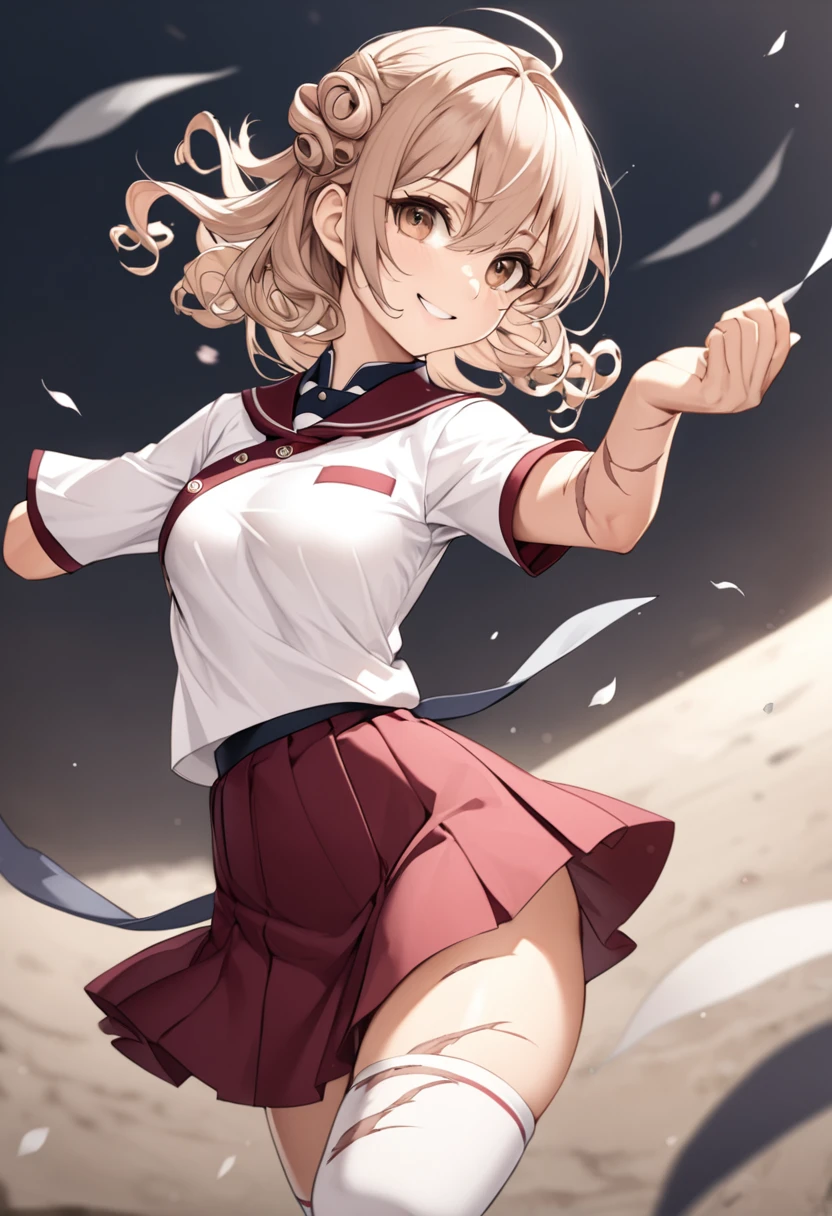 1 girl, masterpiece, best quality, best quality, Amazing, beautiful detailed eyes, finely detailed, depth of field, extremely detailed CG unity 8k wallpaper, full body, ((arm amputee girl)), (((one arm))), flaxen hair, spiral curls hair, brown eyes, smile, sakura uniform, short sleeves, swaying in the wind sleeves, left-handed, hand up, arm stumps, anime drawing,solo, , armpit big scar, Upswept eyes
