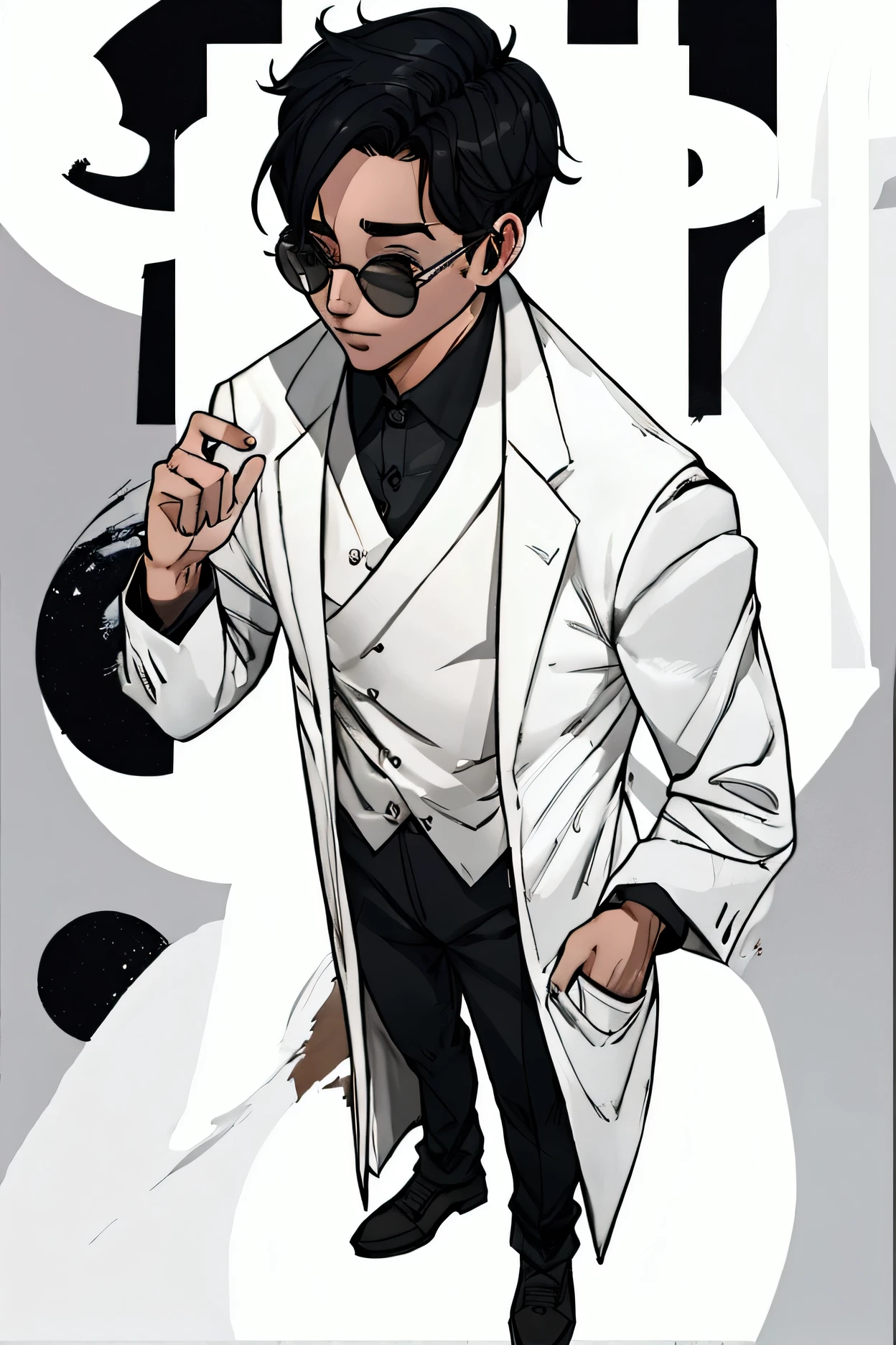 man, Young, scientist, nerd, white jacket, round glasses, messy black hair, full body