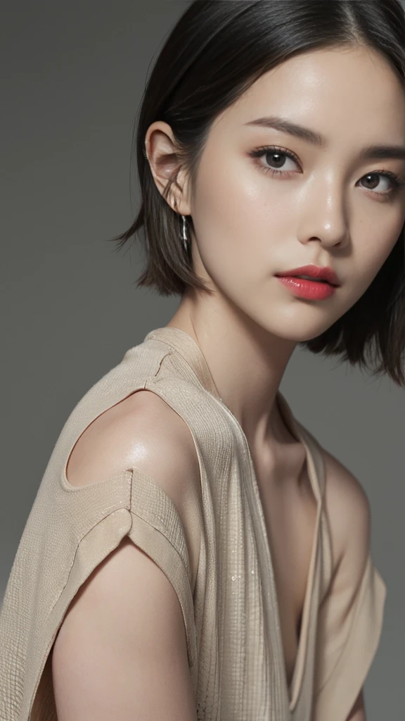  High Resolution , masterpiece,  anatomically correct, 超 High Resolution ,  textured skin, ((Center parted short hair)), Tall、 face close-up 、Red lips、Take a look、