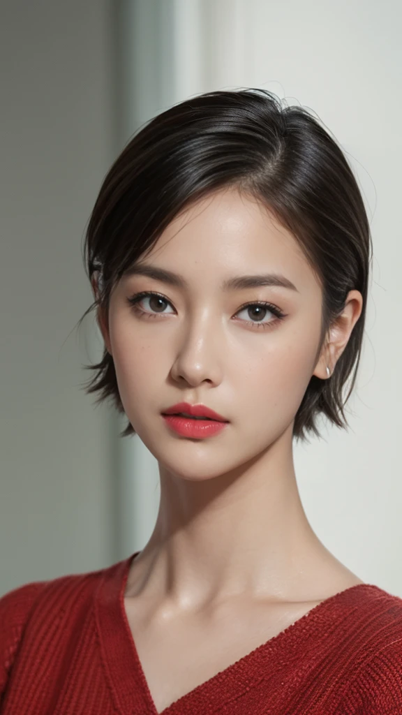  High Resolution , masterpiece,  anatomically correct, 超 High Resolution ,  textured skin, ((Center parted short hair)), Tall、 face close-up 、Red lips、Take a look、