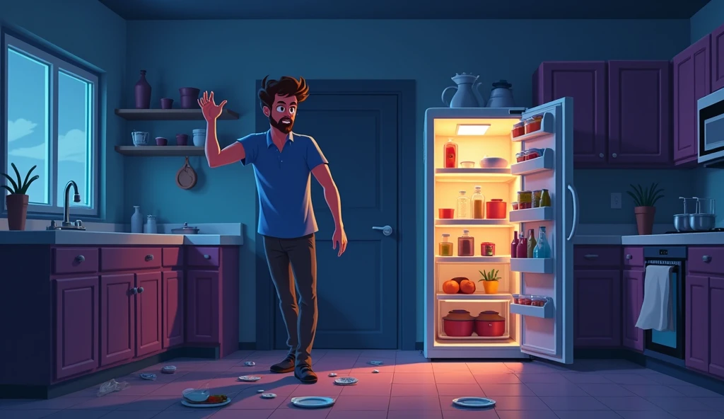 A dark-skinned man with a small beard and quiff hair, arrives home angry and extremely furious. with a bottle of beer in hand.