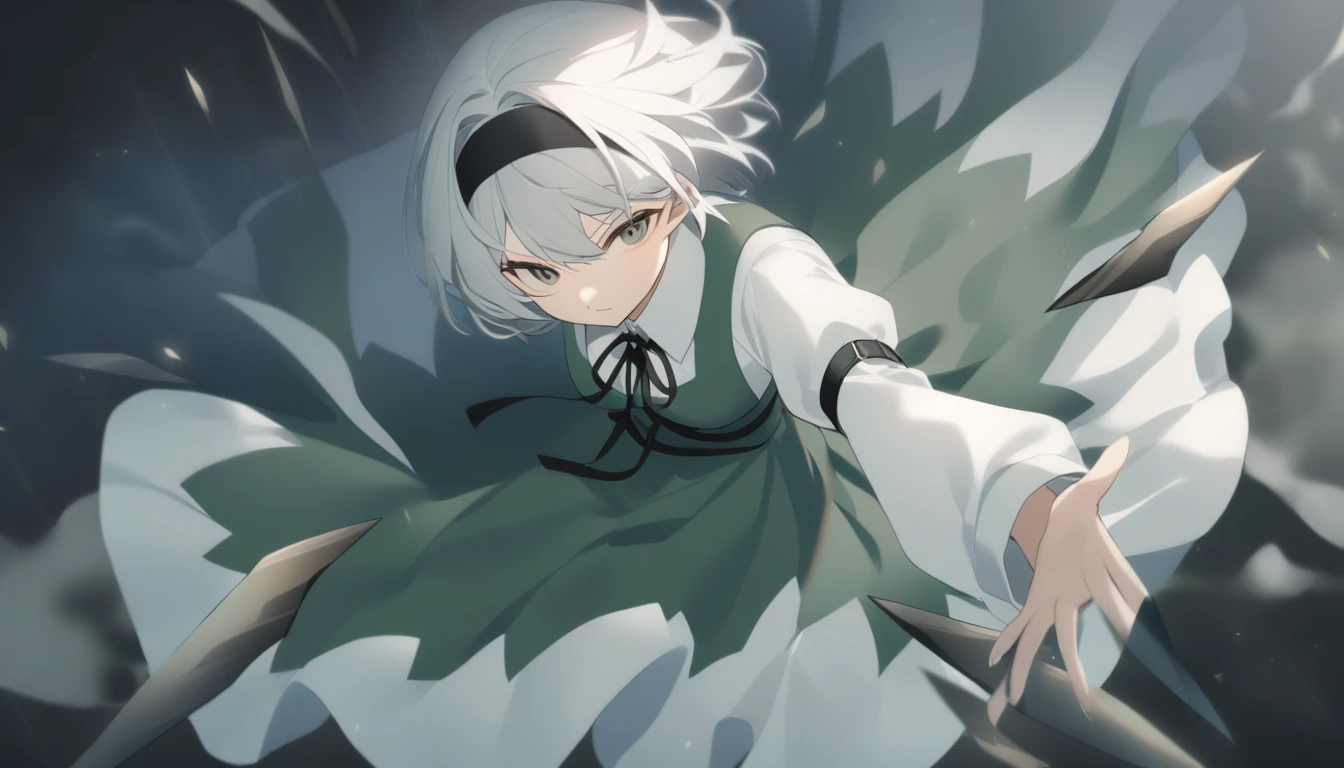 White Short Hair　long sleeve white t-shirt under green dress 　スカートにsoulのマーク　Black headband with a black ribbon on the chest 　 black headband with ribbon　soul　knife