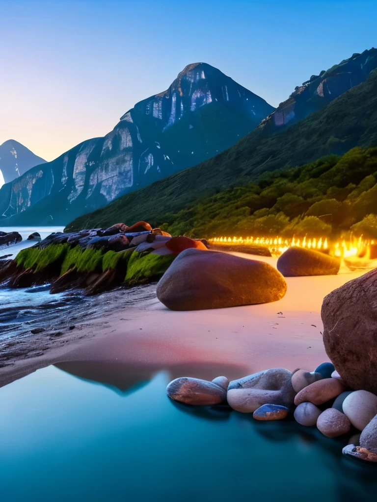 there is a beach with rocks and a lot of lights, a photorealistic painting by Alexander Kucharsky, pexels, conceptual art, glowing crystals on the ground, magical beach, pebbles, makes the sea area glowing water, cave glowing stones, sitting on the beach at night, beautiful image ever created, sparkling cove, magical sparkling lake, luminous sparkling crystals