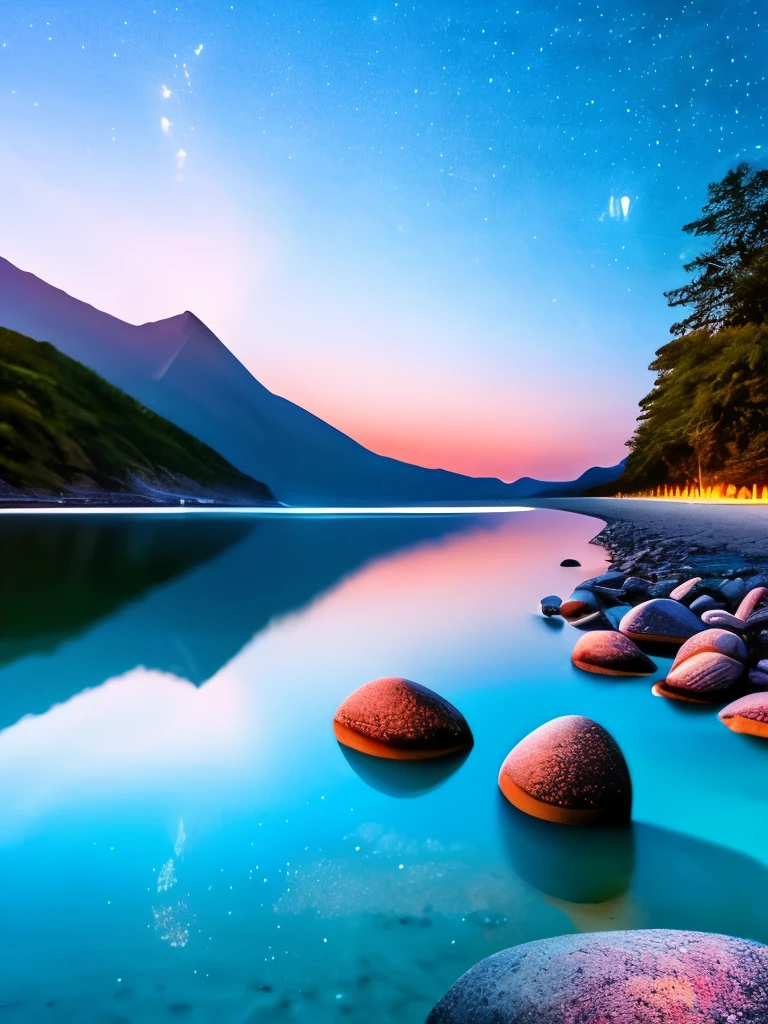 there is a beach with rocks and a lot of lights, a photorealistic painting by Alexander Kucharsky, pexels, conceptual art, glowing crystals on the ground, magical beach, pebbles, makes the sea area glowing water, cave glowing stones, sitting on the beach at night, beautiful image ever created, sparkling cove, magical sparkling lake, luminous sparkling crystals