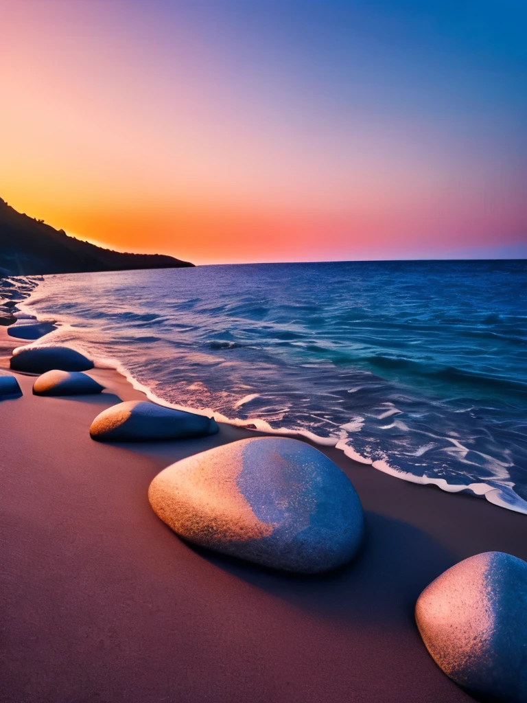 there is a beach with rocks and a lot of lights, a photorealistic painting by Alexander Kucharsky, pexels, conceptual art, glowing crystals on the ground, magical beach, pebbles, makes the sea area glowing water, cave glowing stones, sitting on the beach at night, beautiful image ever created, sparkling cove, magical sparkling lake, luminous sparkling crystals