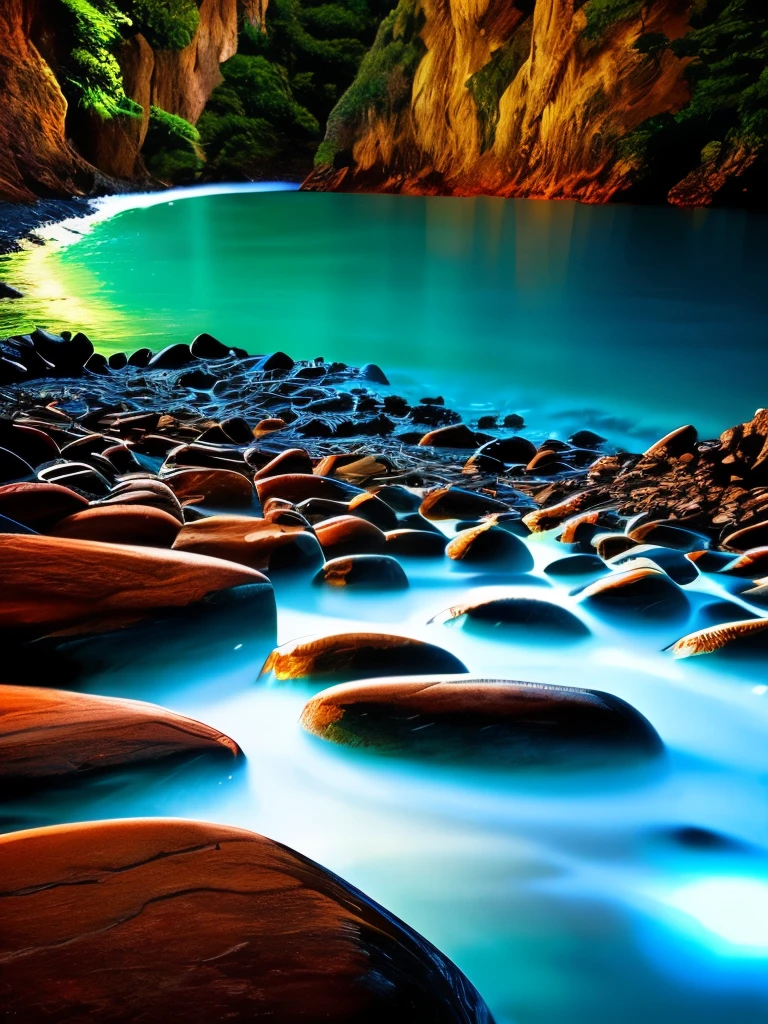 there is a beach with rocks and a lot of lights, a photorealistic painting by Alexander Kucharsky, pexels, conceptual art, glowing crystals on the ground, magical beach, pebbles, makes the sea area glowing water, cave glowing stones, sitting on the beach at night, beautiful image ever created, sparkling cove, magical sparkling lake, luminous sparkling crystals