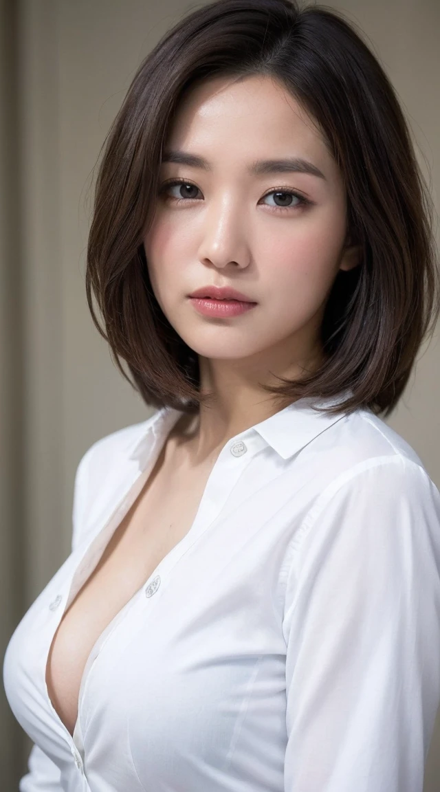 ((Best Quality, 8k, masterpiece: 1.3)), sharp: 1.2,   perfect body beauty : 1.4,  slim abs : 1.2, (( Layered Hairstyles , Big Breasts)), (濡れた White Button Long Shirt: 1.1), Close face: 1.5,  high-definition face and skin texture ,  beautiful eyes, Photograph the upper body