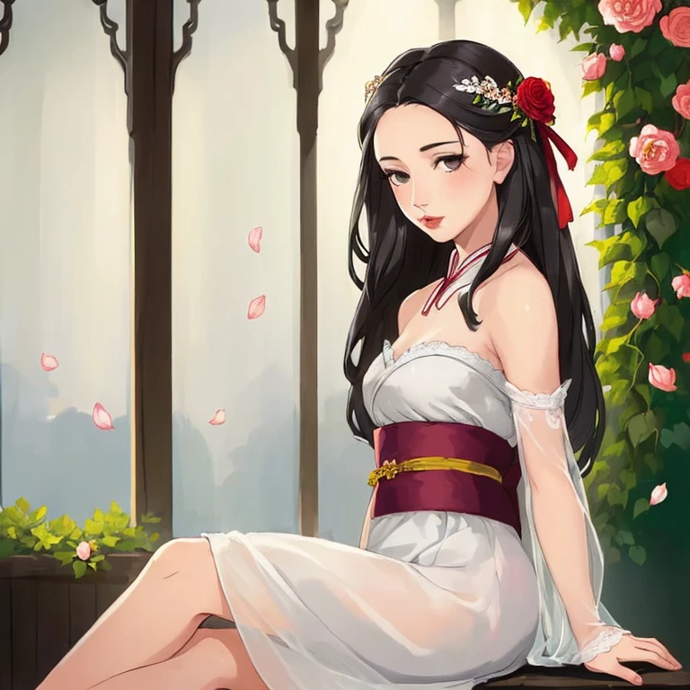 (young woman: 1.5), lace, ribbon, Hanfu, (masterpiece, side light, delicate and beautiful gray eyes: 1.2), masterpiece, realistic, glowing eyes, shiny hair, dark hair, long hair, shiny skin, solo, awkward, strapless, delicate, beautiful, garden, flowers, fluttering petals