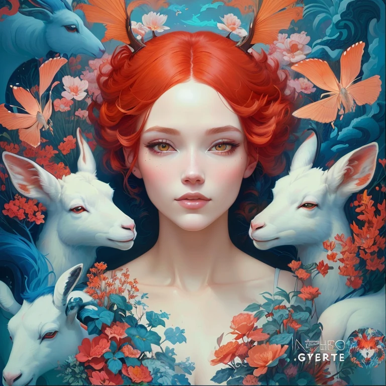 a painting of a woman with red hair and three white goats, beeple and jeremiah ketner, james jean and wlop, artgerm and james jean, james jean andrei riabovitchev, beeple and james jean, weta studio and james jean, natalie shau tom bagshaw, artgerm julie bell beeple, james jean art,A painting of a woman with red hair and three white goats, with ten more animals hidden within the artwork: a fox, an owl, a rabbit, a snake, a deer, a butterfly, a wolf, a squirrel, a cat, and a raven