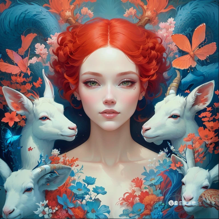 a painting of a woman with red hair and three white goats, beeple and jeremiah ketner, james jean and wlop, artgerm and james jean, james jean andrei riabovitchev, beeple and james jean, weta studio and james jean, natalie shau tom bagshaw, artgerm julie bell beeple, james jean art,A painting of a woman with red hair and three white goats, with ten more animals hidden within the artwork: a fox, an owl, a rabbit, a snake, a deer, a butterfly, a wolf, a squirrel, a cat, and a raven