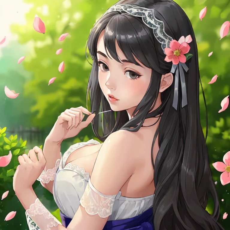 (young woman: 1.5), lace, ribbon, Hanfu, (masterpiece, side light, delicate and beautiful gray eyes: 1.2), masterpiece, realistic, glowing eyes, shiny hair, dark hair, long hair, shiny skin, solo, awkward, strapless, delicate, beautiful, garden, flowers, fluttering petals