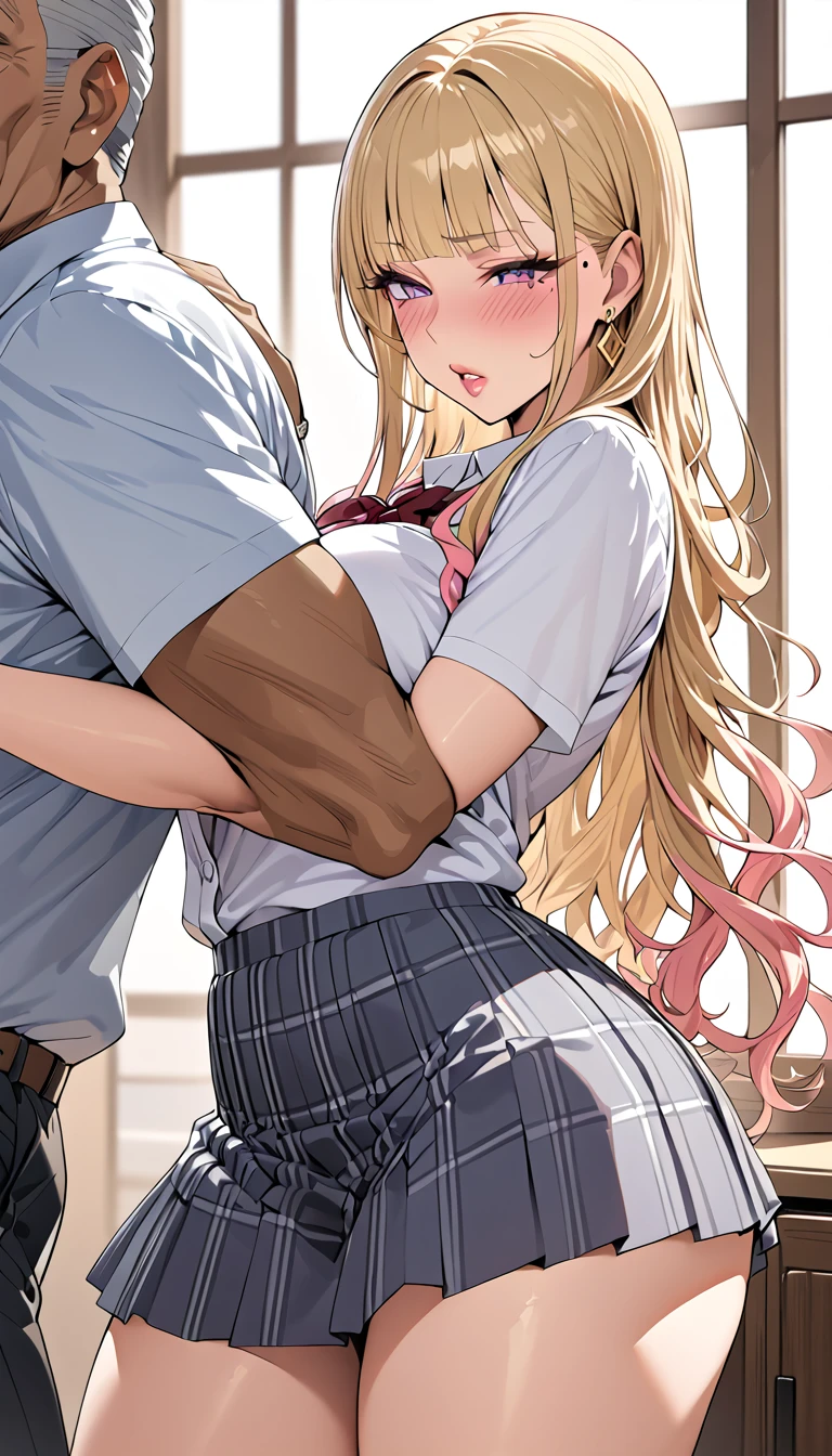 1scene,high quality,Super High resolution,High resolution illustration,masterpiece,Extremely detailed,Blonde HAIR,High resolution,Japanese,gyaru make,pink eyeliner,pink lip,earrings,goldship(umamusume)(beautyfull girl has grossy lips and lecherous man teacher) ,school uniform,Medium chest,Beautiful curves,Long and complicated hair,Mole under the eye,being hugged from behind,