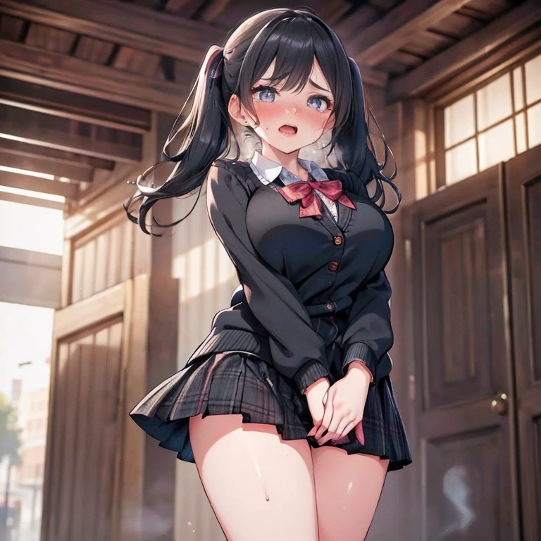 full body Waifu beautiful detailed eyes, beautiful detailed lips, extremely detailed eyes and face, longeyelashes, 1girl, sensual, young woman, sexy medium / large breasts, beautiful feminine face, nice sexy thighs, slim, sexy, erotic, nsfw:1.4, body has two arms, two legs and one head, (Each hand and toe has a thumb, index finger, middle finger, ring finger, and pinky finger.),Top quality:1.2, best quality:1.6, ultra high resolution, masterpiece:1.5 ,4K, 8K, 32K, detailed lighting, shaders, perfect anatomy, perfect proportions, highly detailed, ultra detailed, super detailed:1.2, perfect eyes, perfect face, very delicate and beautiful, illustration, sharp focus, very beautiful and detailed anime face, very detailed eyes, cute: (masterpiece,beautiful,hughres,CG,8k,16K,best quality,high-resolution,detailed fingers,detailed hands,detailed legs,detailed eyes:1.7),(from below:1.6),(cowboy shot,crotch focus:1.5),1girl,(school uniforms,black cardigan,white shirt,plaid skirt,black skirt,black hair,twintails,large breasts:1.6),(red bowtie:1.2),(outdoors,sidewalk:1.5),(have to pee:1.1),(urge to pee:1.2),(very desperate to pee:1.3),(standing:1.4),(knees together and feet apart:1.3),(rub each other's knees:1.6),(hand between legs,holding the crotch:1.6),(erotic waist twist:1.4),(female orgasm,pussy juice:1.2),(open mouth,gasping,heavy breathing,blush:1.6),(impatience:1.2),(flustered),(fidgeting around:1.3),(steam:1.3),(sweat skin:1.4),(streaming tears:1.6),(drooling:1.4),(looking down at viewer:1.4)