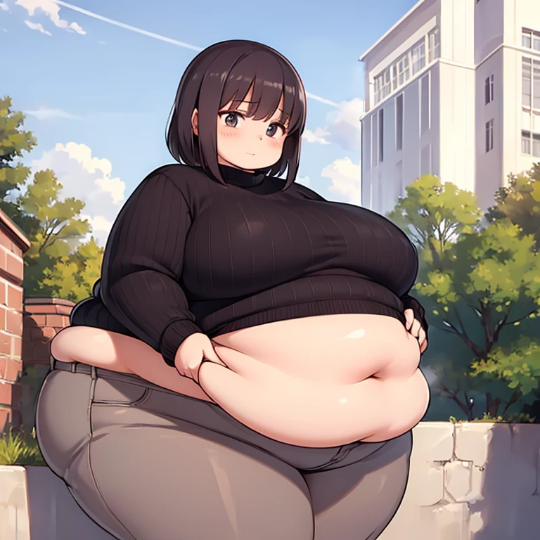  best quality,Very delicate, very big fat woman,Wear a sweater.My belly is sticking out of my sweater。