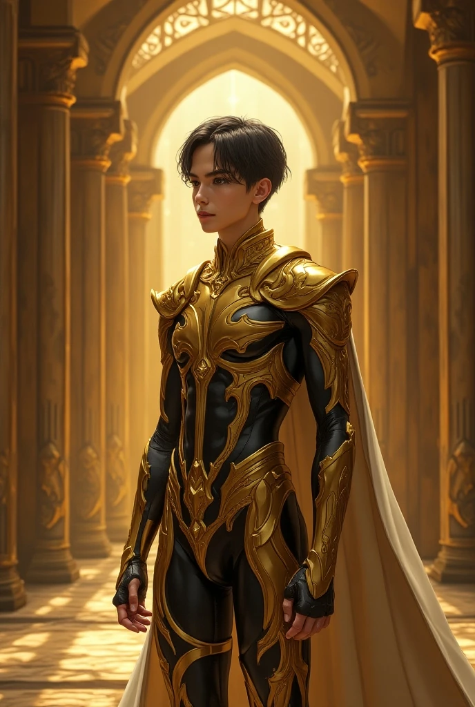 work of art, high resolution,best qualityer, Boy dressed in the golden armor of Sagittarius, from the knights of the zodiac saint seiya, Knights of the Zodiac, black hair, blue colored eyes, golden armour, Sagittarius, Knights of the Zodiac.