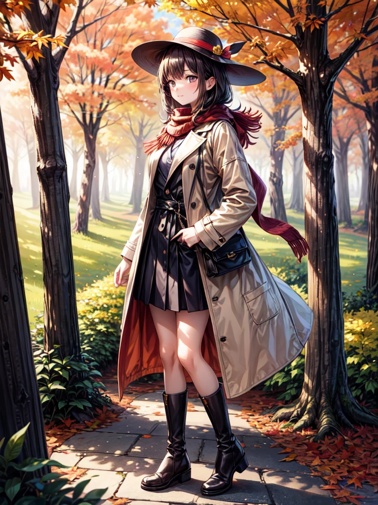 A beautiful young woman is waiting for a date on an autumn day, standing under a tree-lined path filled with falling red, orange, and golden leaves. She is wearing a stylish wide-brimmed hat and a chic fall outfit—an elegant coat, scarf, and ankle boots, perfect for the cool October weather. The scene captures the vibrant colors of autumn with leaves gently floating down around her, while the long shadows of the late afternoon sun add depth and warmth. Her expression is a mix of excitement and tranquility, and the crisp, clean details of the high 8K resolution highlight the intricate textures of both her fashion and the natural surroundings, blending the charm of fall with her graceful presence,