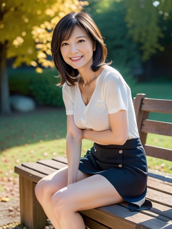 highest quality, masterpiece, 8k,生 photograph, photograph (object), very detailed, realistic, looking at the viewer,short hair,black hair, Outdoor bench,Completely naked，Full view of uncensored genitals，Anal exposed uncensored，50 year old Japanese woman，On my back，M-shaped spread legs
