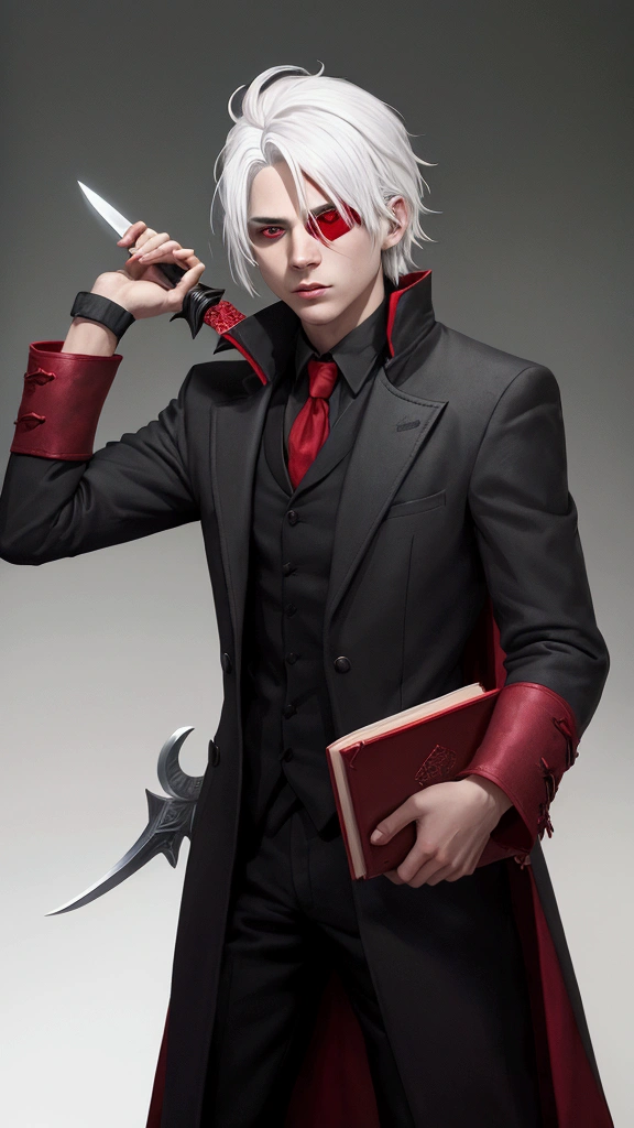 naughty man,age 25, White hair, red blindfold, black crows on the shoulders, holding a red-covered book in his left hand and with his right hand on the hilt of a sword that appears through his overcoat,  anime styling