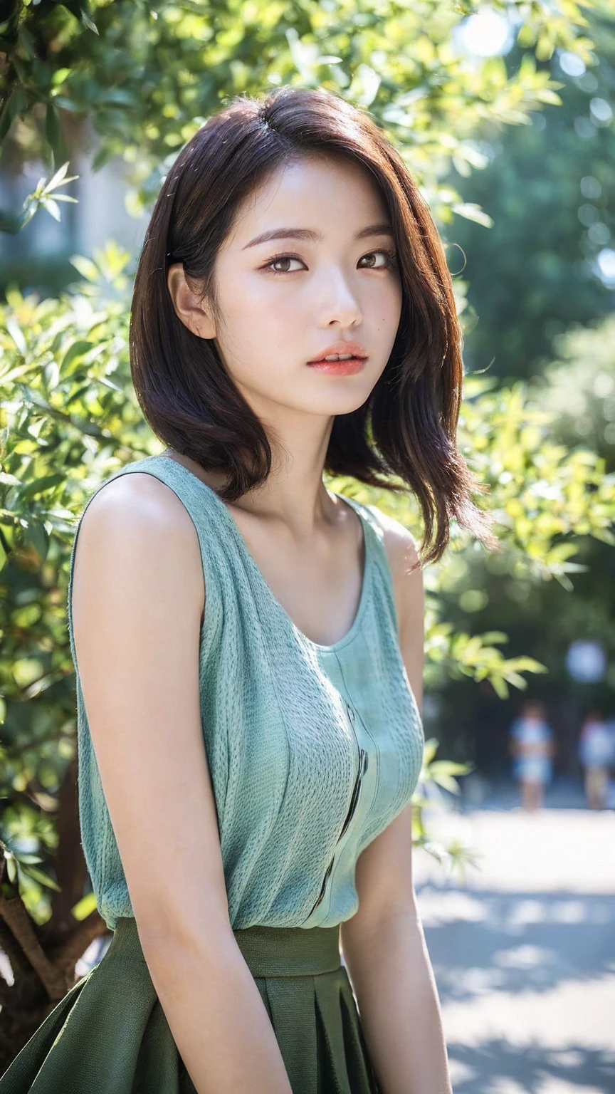 ((Best quality, 8K, masterpiece:1.3))，1girl，18 years old，Asian，Real texture:1.3，(Background blur:1.1)，Dress Up，Tall and slender figure:1.2，(Hot summer weather)，（street:1.3），Highly detailed face and skin textures，Exquisite eyes，Long eyelashes，Double eyelids，Skin Whitening，happy，Various postures，Big breasts