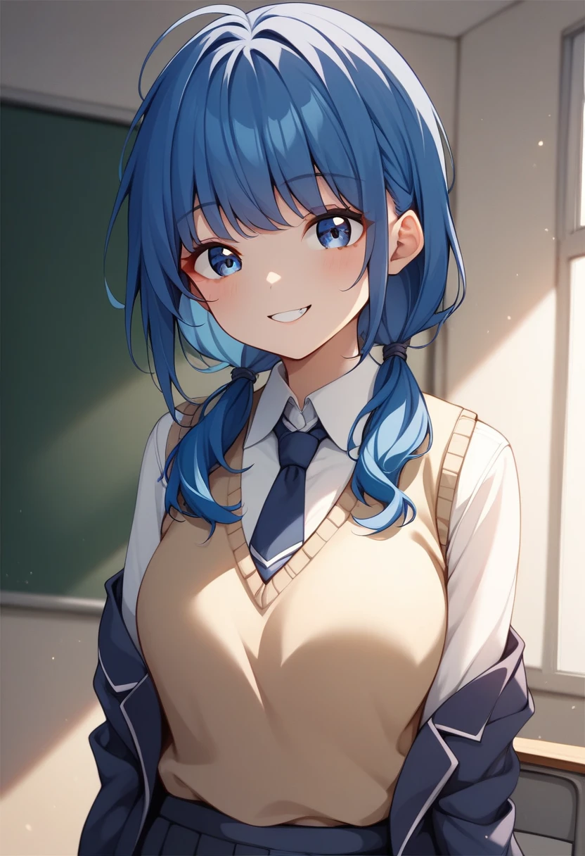 bright blue hair、table top, highest quality,figure, wallpaper, Super detailed, 1 girl,alone,detailed and beautiful eyes,Very thick contour lineedium short-Cut Hair、short, braided hair、(school uniform)、dark hair color、Open mouth and big smile、Kamimei、Angle where the whole body can be seen、overhead view angle:1.2、small head、ample breasts