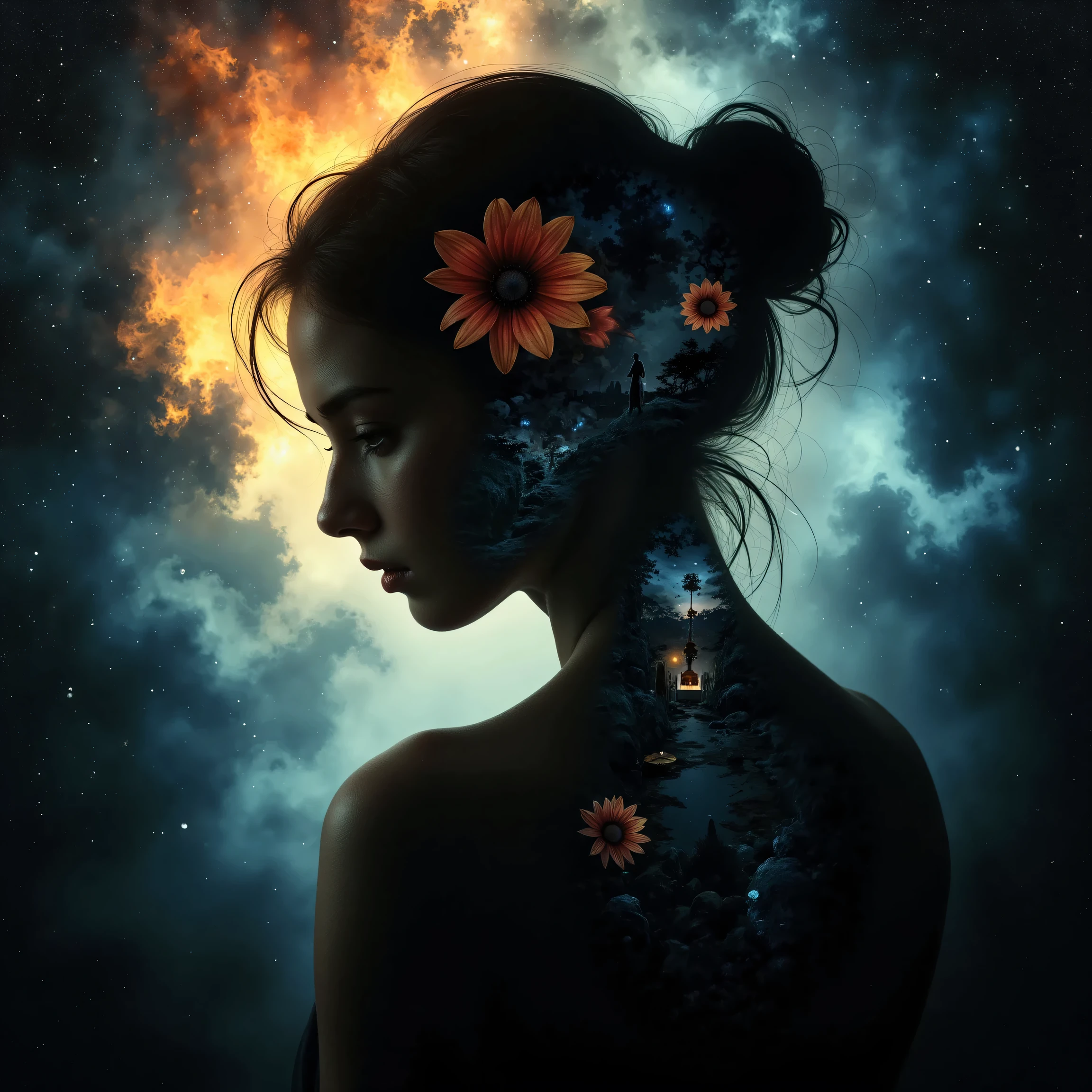 an image of a young woman in a sad, rain-soaked atmosphere, using a layered double exposure effect. The main subject is a dark, shadowed silhouette of the woman with her head slightly bowed, expressing sorrow and introspection. The silhouette is filled with a scene of stormy clouds and rain, adding depth and contrast to her figure. Blend in macro elements like close-up flowers, droplets, and delicate petals within the silhouette, merging them with the rain-soaked texture. The flowers should appear subtly intertwined with the stormy clouds, creating a textured and intricate feel that emphasizes her fragility. Raindrops fall heavily around her, some streaming down her face like tears, while the stormy sky and macro elements within her silhouette evoke a sense of both vulnerability and melancholy. The environment is dark and moody, with minimal lighting cutting through the rain, emphasizing the emotional tone. The overall scene combines silhouette fill, emotional expression enhancement, and macro detail for a richly layered, deeply expressive image.