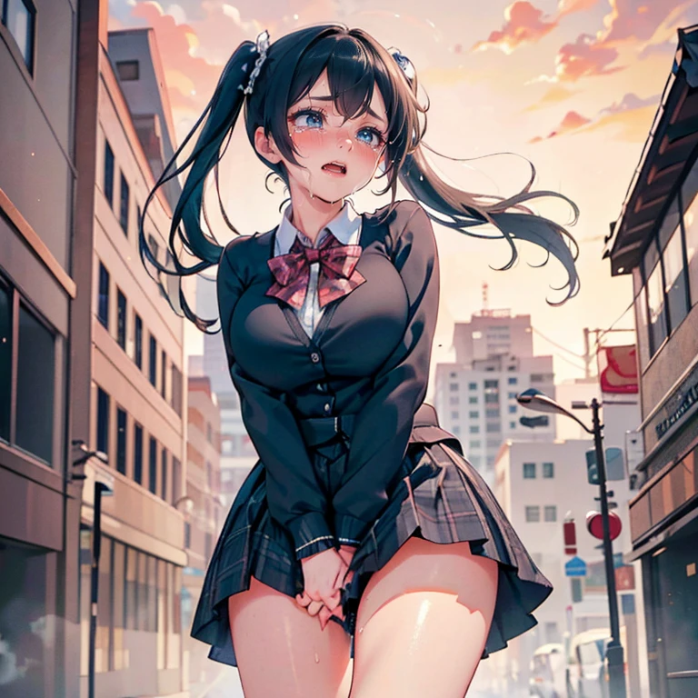 full body Waifu beautiful detailed eyes, beautiful detailed lips, extremely detailed eyes and face, longeyelashes, 1girl, sensual, young woman, sexy medium / large breasts, beautiful feminine face, nice sexy thighs, slim, sexy, erotic, nsfw:1.4, body has two arms, two legs and one head, (Each hand and toe has a thumb, index finger, middle finger, ring finger, and pinky finger.),Top quality:1.2, best quality:1.6, ultra high resolution, masterpiece:1.5 ,4K, 8K, 32K, detailed lighting, shaders, perfect anatomy, perfect proportions, highly detailed, ultra detailed, super detailed:1.2, perfect eyes, perfect face, very delicate and beautiful, illustration, sharp focus, very beautiful and detailed anime face, very detailed eyes, cute: (masterpiece,beautiful,hughres,CG,8k,16K,best quality,high-resolution,detailed fingers,detailed hands,detailed legs,detailed eyes:1.7),(from below:1.6),(cowboy shot,crotch focus:1.5),1girl,(school uniforms,black cardigan,white shirt,plaid skirt,black skirt,black hair,twintails,large breasts:1.6),(red bowtie:1.2),(outdoors,sidewalk:1.5),(have to pee:1.1),(urge to pee:1.2),(very desperate to pee:1.3),(standing:1.4),(knees together and feet apart:1.3),(rub each other's knees:1.6),(hand between legs,holding the crotch:1.6),(erotic waist twist:1.4),(female orgasm,pussy juice:1.2),(open mouth,gasping,heavy breathing,blush:1.6),(impatience:1.2),(flustered),(fidgeting around:1.3),(steam:1.3),(sweat skin:1.4),(streaming tears:1.6),(drooling:1.4),(looking down at viewer:1.4)