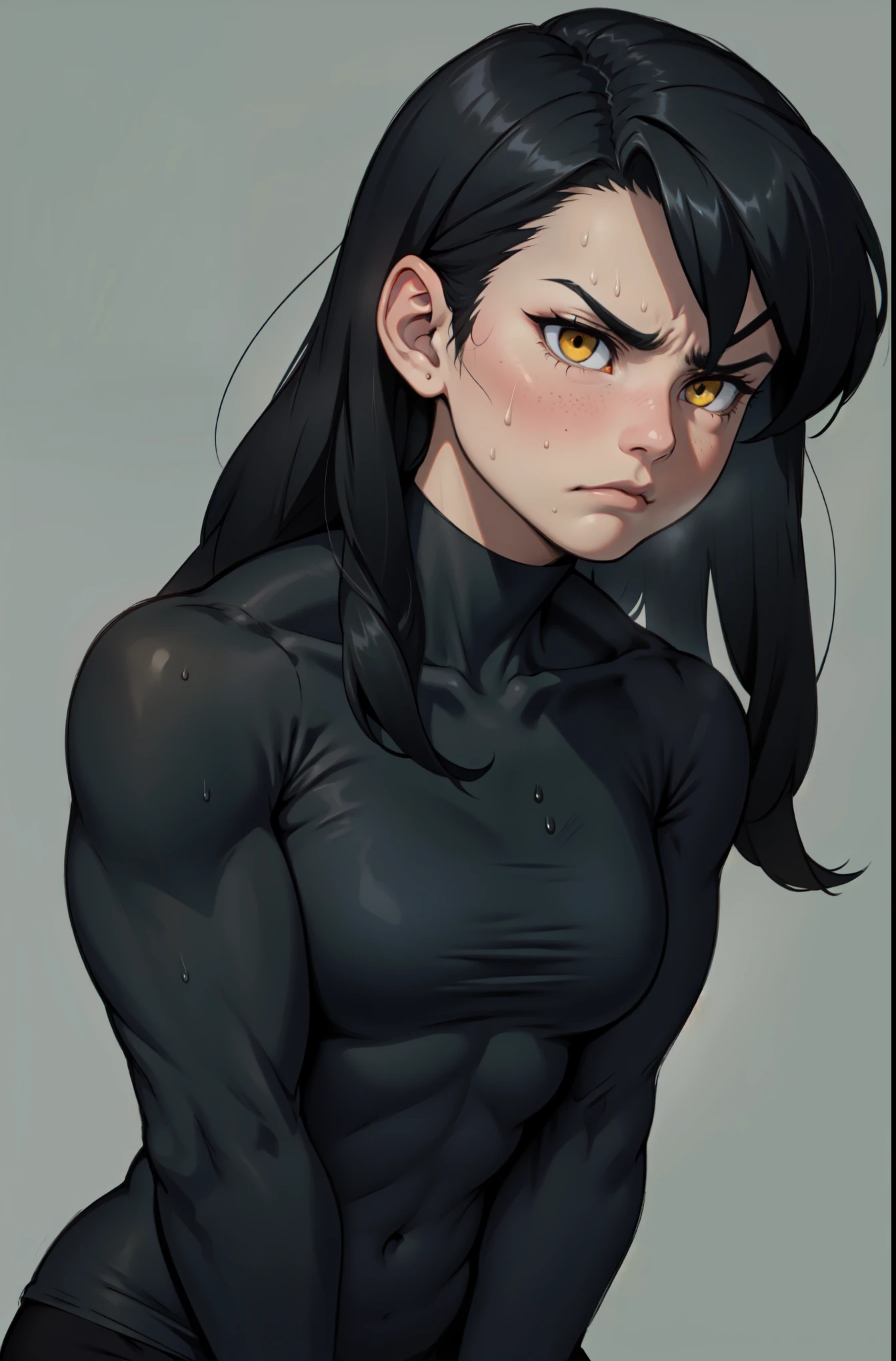 perfect female anatomy muscular girl big breasts empty eyes embarrassed black hair yellow eyes pale skin perfect female anatomy perfect female anatomy