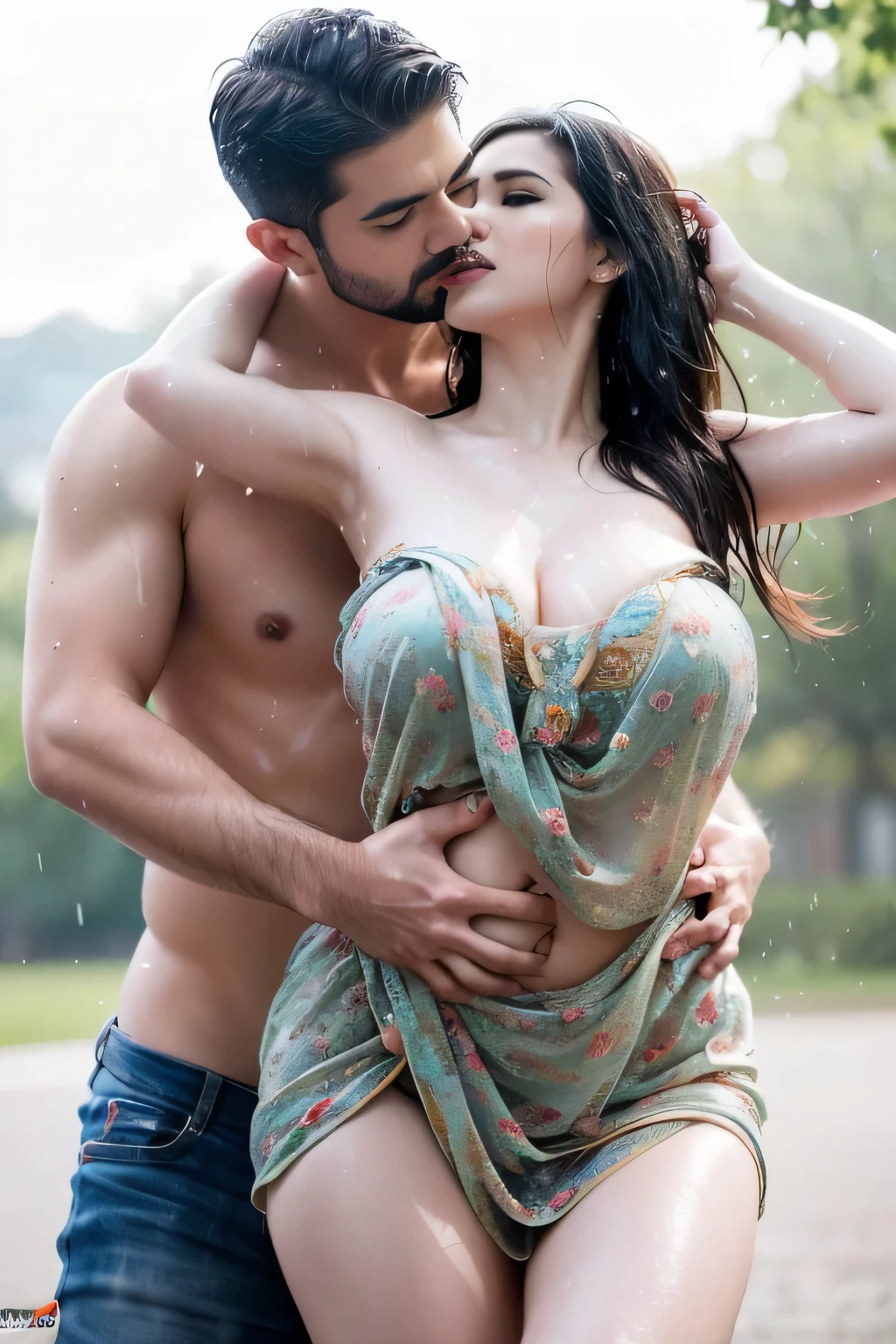 HD wallpaper 32k cinematic shoot of a Beautiful cute wet Sunny Leone, with thick thighs and a curvy waist, wearing an beautiful Indian dress, ((navel)), ((a man kissing her waist)), ((a man kissing her navel)), ((wet girl)), ((sweaty girl)) 