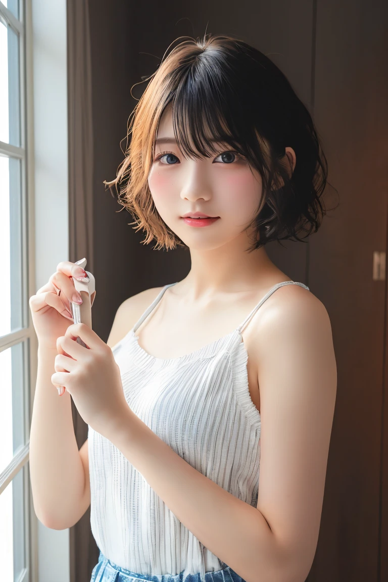masutepiece, Best Quality, 8K, 8years old, Teen, Raw photo, absurderes, The cutest portrait in the world, Smile, Solo, (Night:1.3), Idol face, violaceaess, Delicate girl, The upper part of the body, Digital SLR, Looking at Viewer, Candid, Sophisticated,Thin arms, Professional Lighting, Film grain, chromatic abberation, (Eyes and faces with detailed:1.0) , (night dress:1.1) , (closes mouth:1.2), Good anatomy, Precise hands and fingers,