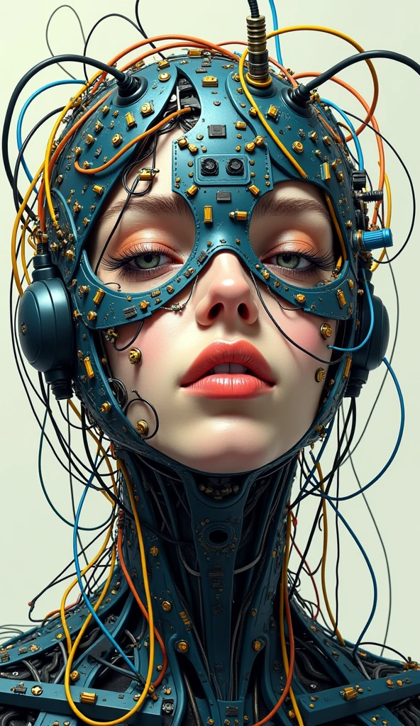 (obra de arte, maximum quality, melhor qualidade, arte oficial, beautiful and aesthetic:1.2), (1 garota:1.3), extremamente detalhado,colorida,mais detalhado ((ultra-detalhado)), (highly detailed CG illustration), ((extremamente delicado e lindo)),(Do lado),cinematic light,((1 Mechanics)),Sozinho,corpo todo,(machine made joints:1.2),((mechanical members)),(sangue vessels connected to tubes),(mechanical vertebra fixed to the back),((mechanical cervical fixation to the neck)),(sentado),inexpressivo,(wires and cables tied around the neck:1.2),(wires and cables on the head:1.2)(Foco no personagem),Science fiction,fundo branco,(sangue:1.5)