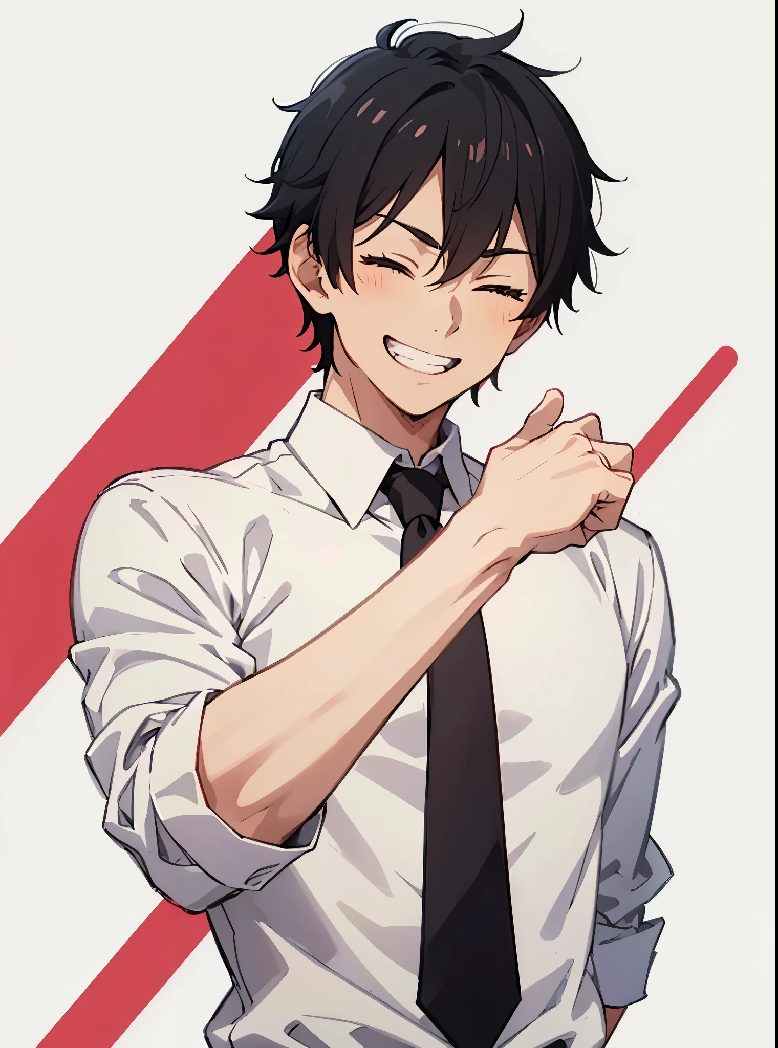 Anime boy with black hair, wearing white shirt red tie, anime hand up , smile, happy, teeth grinding, grin, eyes closed , sleeves fold , punch, fist