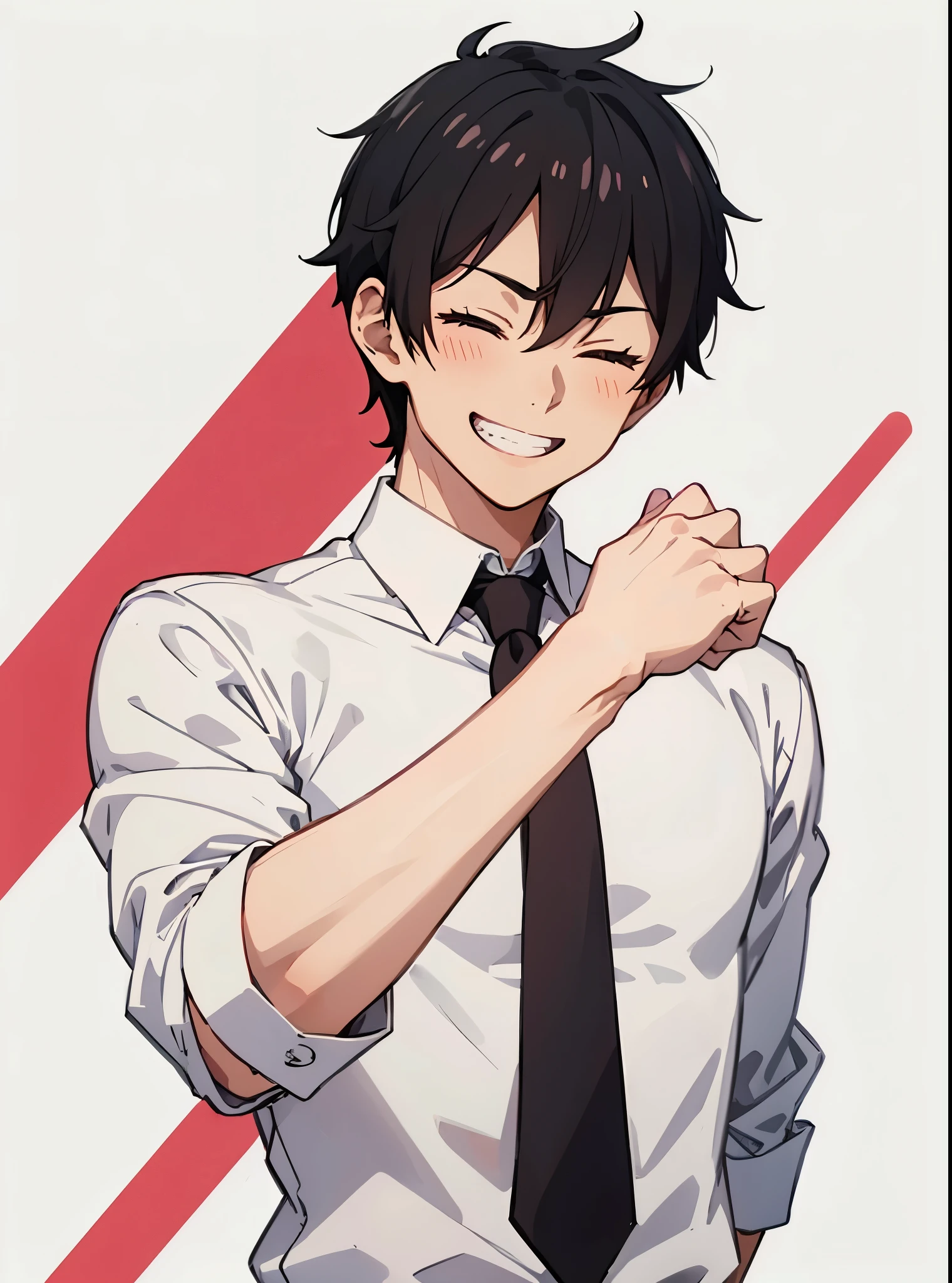 Anime boy with black hair, wearing white shirt red tie, anime hand up , smile, happy, teeth grinding, grin, eyes closed , sleeves fold , punch, fist