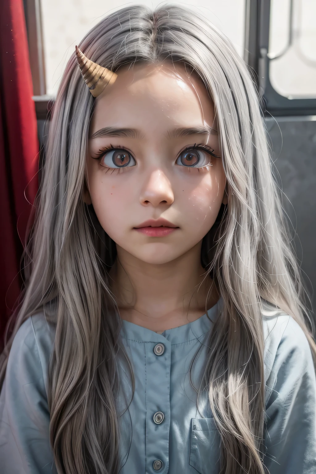 DIFFERENT,  long hair, (red eyes: 1,5), Gray hair,single horn , single horn in front, ittle girl,