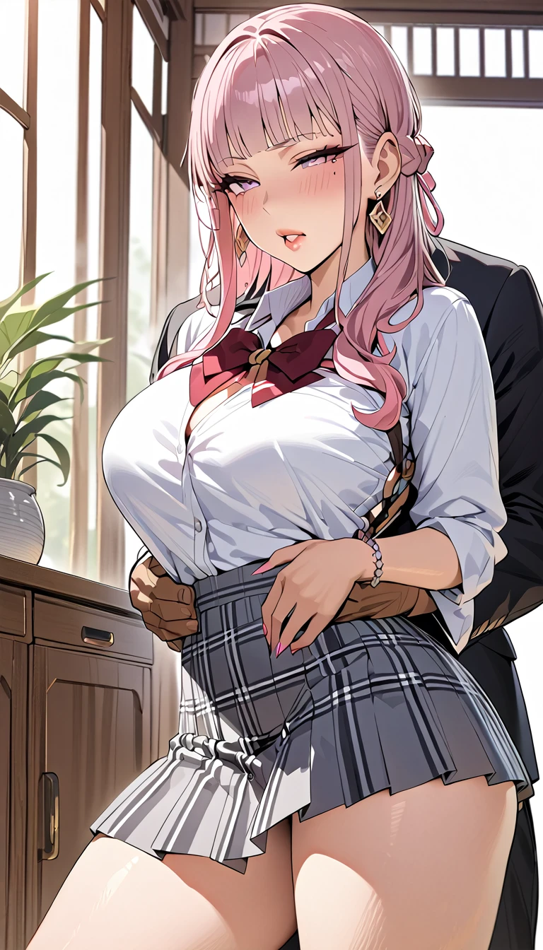 1scene,high quality,Super High resolution,High resolution illustration,masterpiece,Extremely detailed,HAIR,High resolution,Japanese,gyaru make,pink eyeliner,pink lip,earrings,goldship(umamusume)(beautyfull girl has grossy lips and lecherous man teacher) ,school uniform,Medium chest,Beautiful curves,Long and complicated hair,Mole under the eye,being hugged from behind,