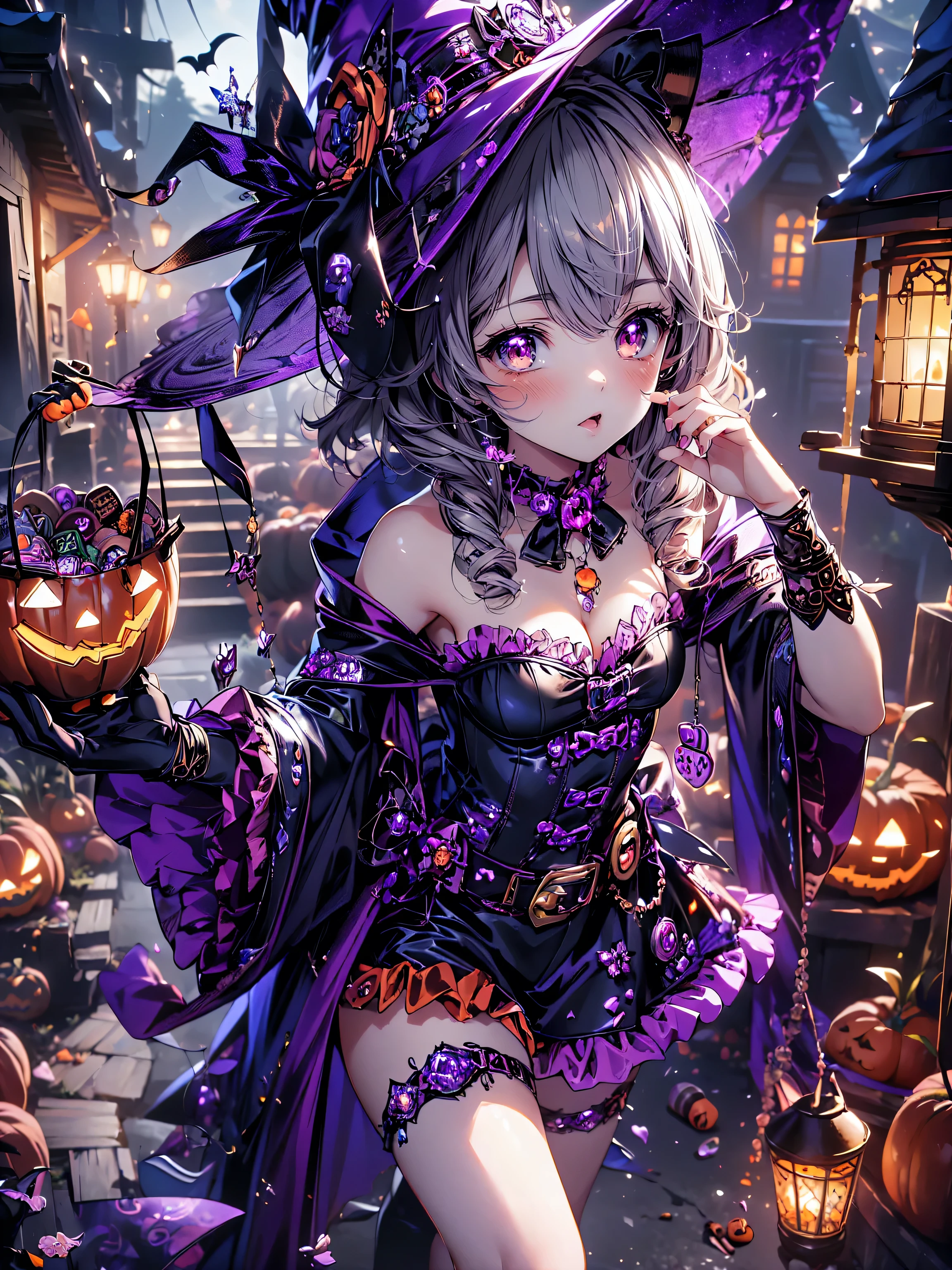 (( super high image quality )), ((Super detailed)), ((Best Quality)), Girl, Halloween, witch,  magic hat, lanthanum,  Trick or Treat , 🎃, ((sweets, candy, cookie)), (((Complete Hand))), Amazing digital painting, (anime moe art style:1.3),