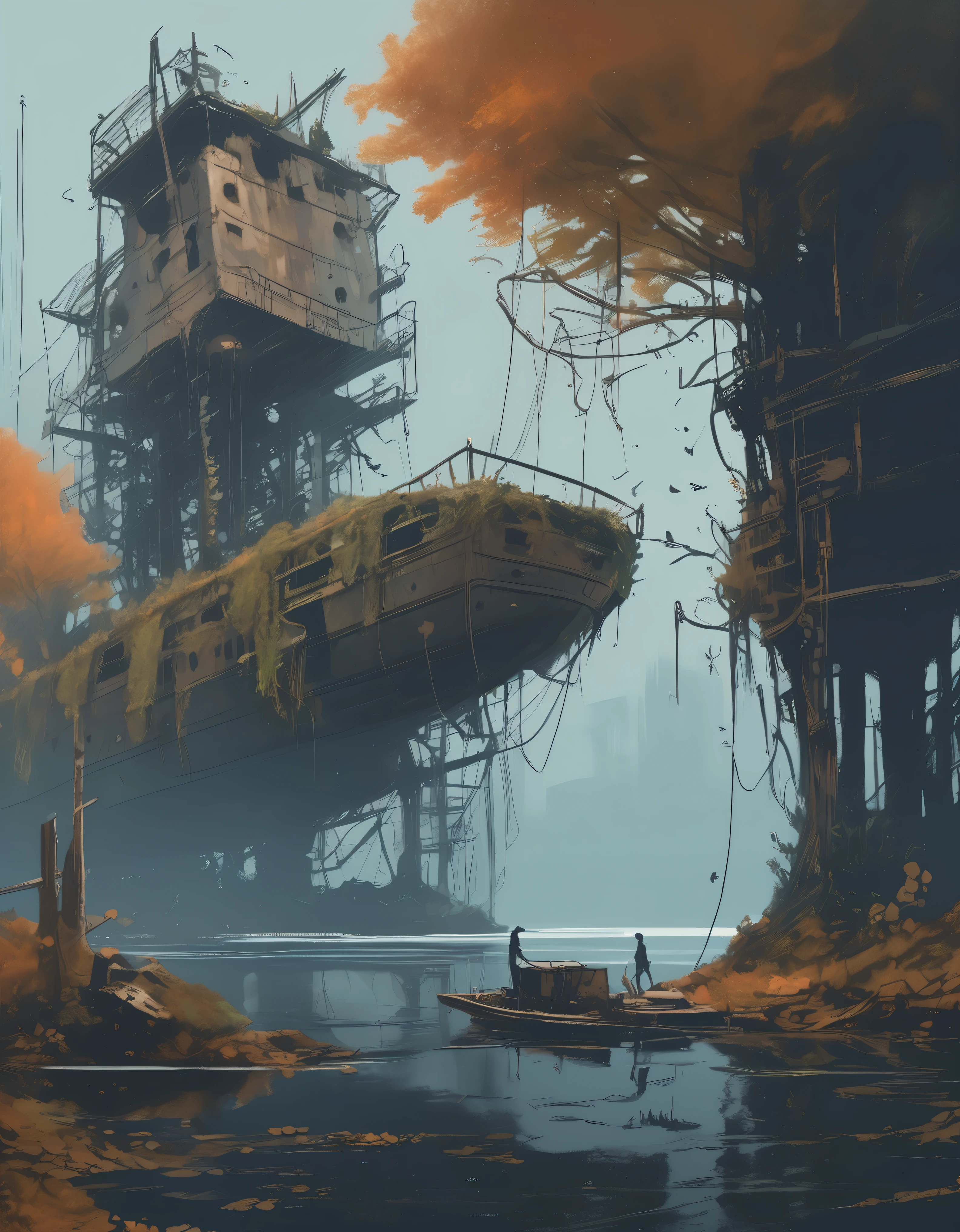 sketch, A hauntingly beautiful dystopian boatyard, overgrown with vines and moss, where a group of deer roam freely among the rusted shipwrecks, surrounded by intricately detailed trees with glowing leaves, in the style of Jacub Rozalski and Alex Andreev, with a mix of dark and moody colors, industrial elements, and a sense of post-apocalyptic mystery
 