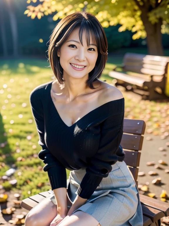 gravure, from the chest up, masutepiece, Best Quality, Ultra-detailed, Photorealistic, super detailed skin, Perfect ???????, (1 japanese mature woman), (Solo), sixty years old, (Wrinkles at the corners of the eyes:1.3), Large breasts, A MILF, glamor, A sexy, Chromo-white skin, Looking at Viewer、Super large udder、Sleeveless knitwear、Tight Fit Knitted Dresses、Muchimuchi、Black pantyhose、high-heels、Smile、Squatting、Public places